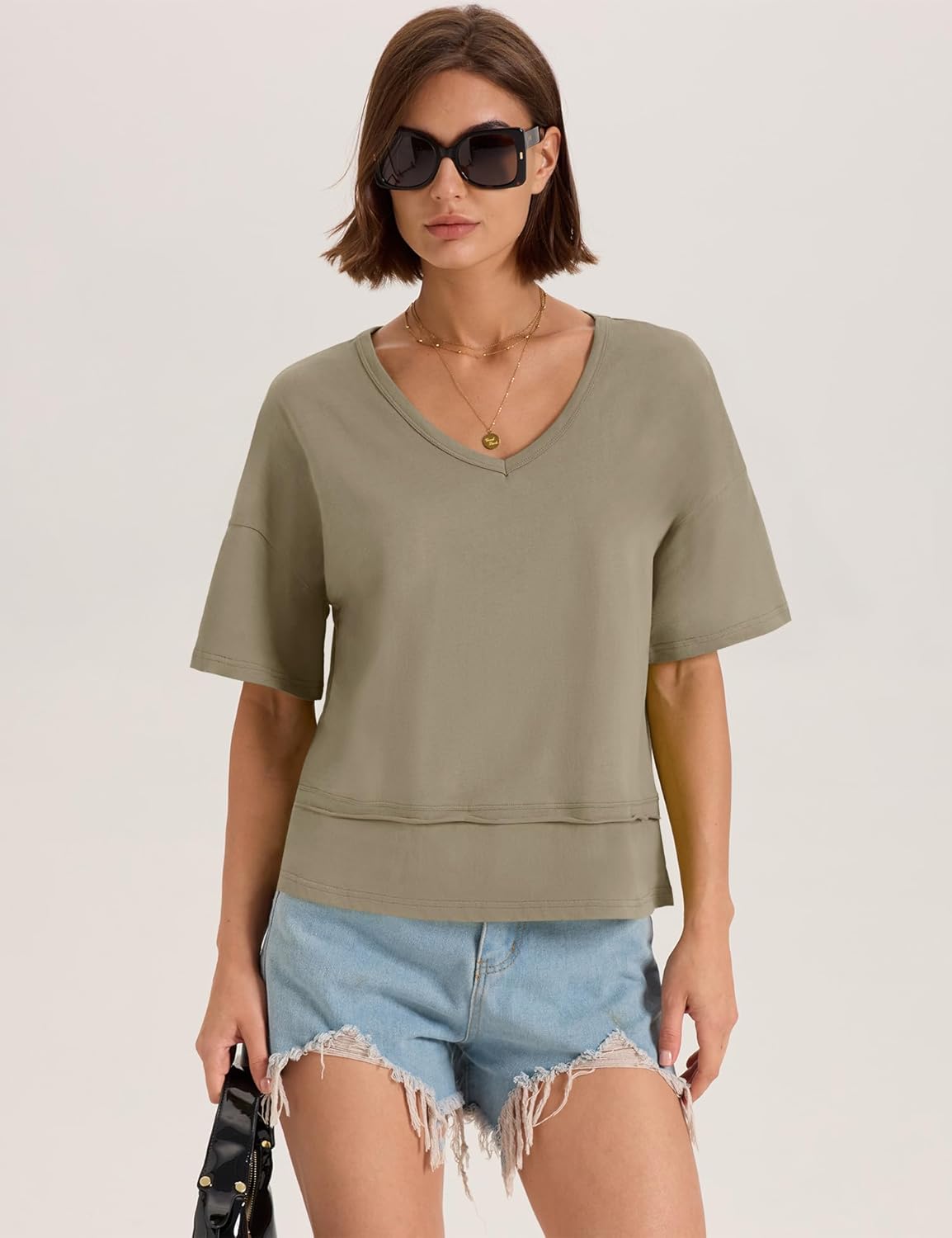 LOMON Womens V Neck Cotton T Shirts Summer Casual Cute Short Sleeve Flowy Fashion Tops Loose Fit Basic Tees - Image 6