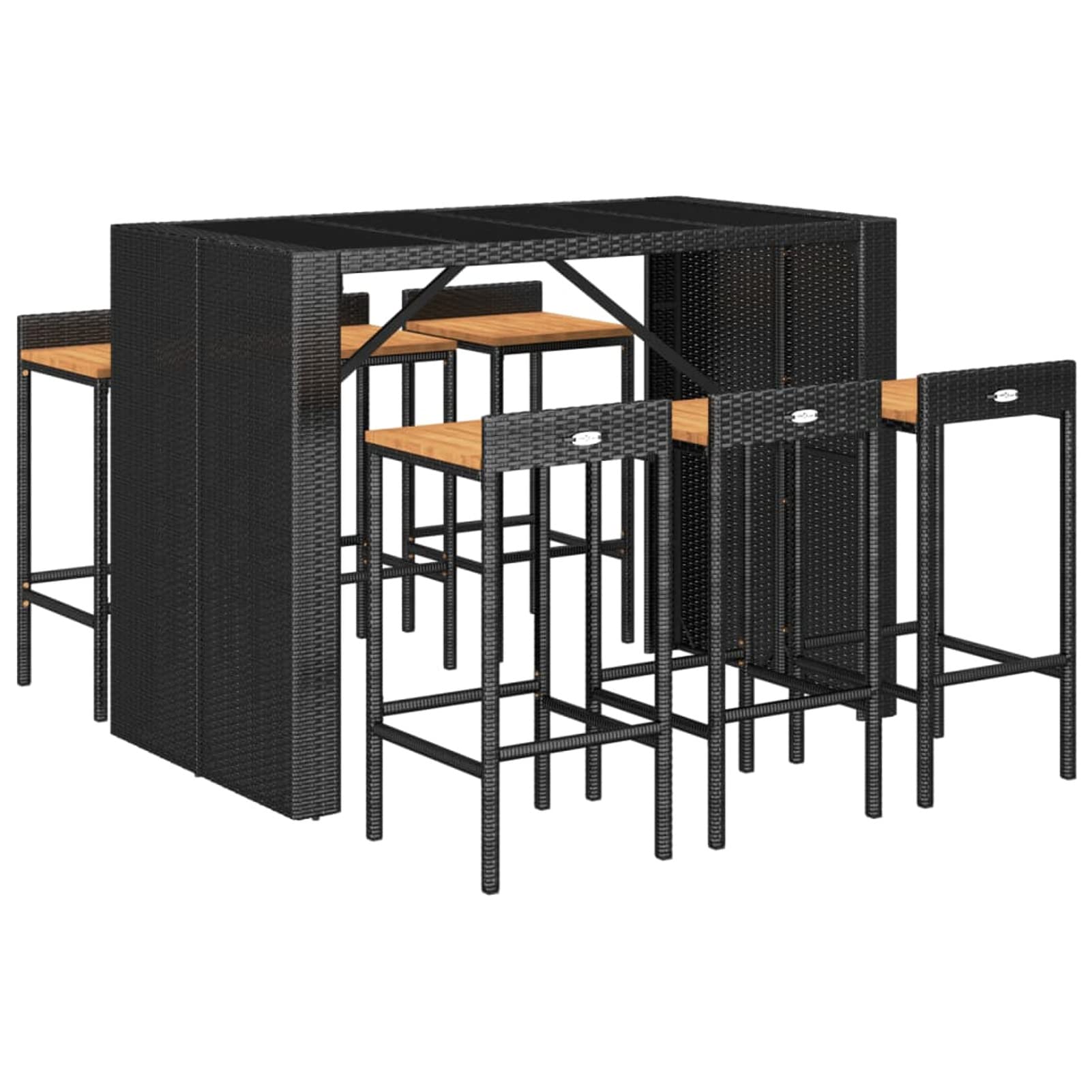 Juego de bar de jardín de 5 piezas, ratán sintético negro y madera maciza de acacia, juego de comedor de jardín, juego de muebles de exterior, mesa y sillas de jardín, terraza para patio y bistró 11