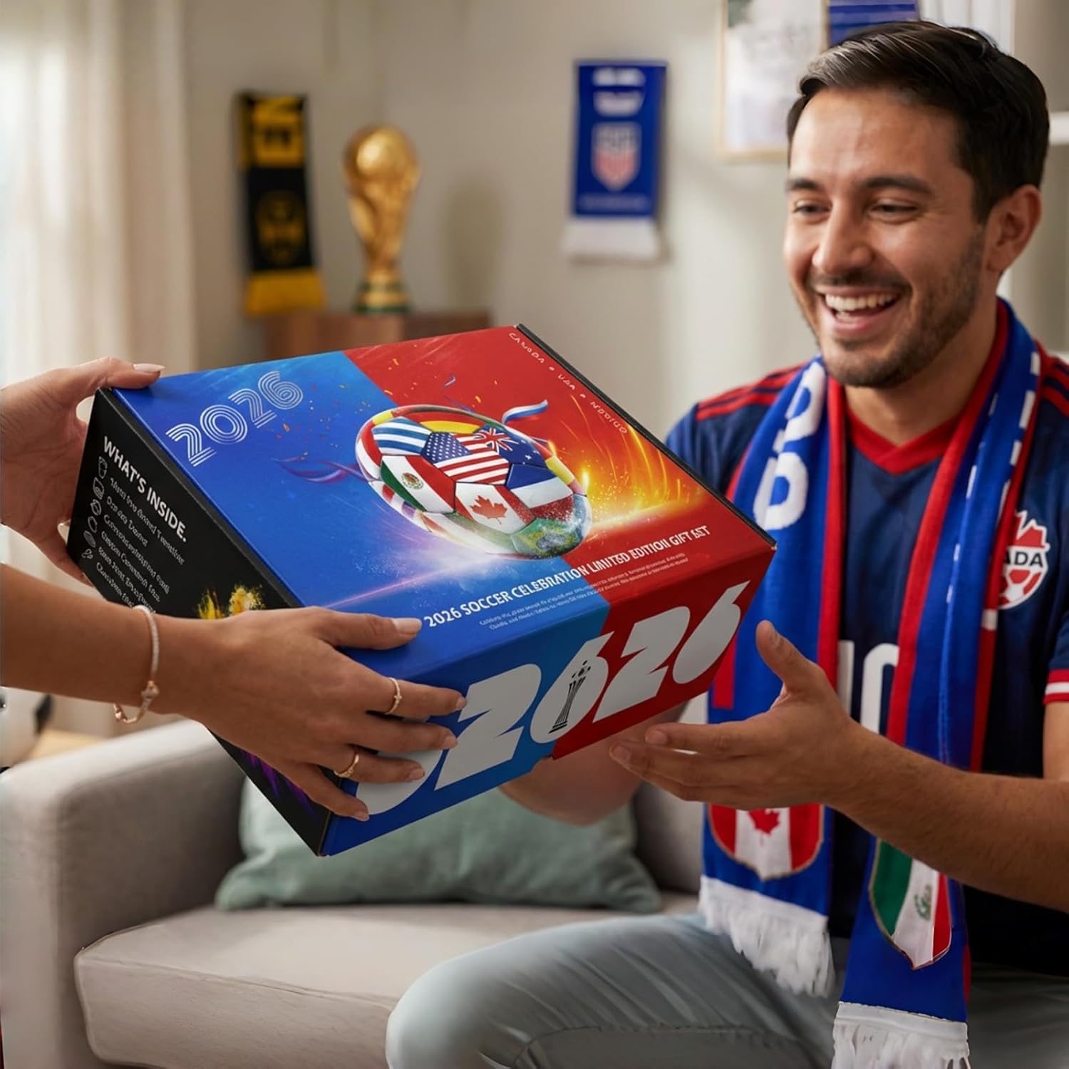 Exun Soccer Fan Gift Basket Set 2026 – 9 Piece Sports Accessories Bundle with Stainless Steel Tumbler, Towel, Keychain, Hat, Wristband & Metal Pin – Triple Nation Flag Design, Soccer Lover Gift