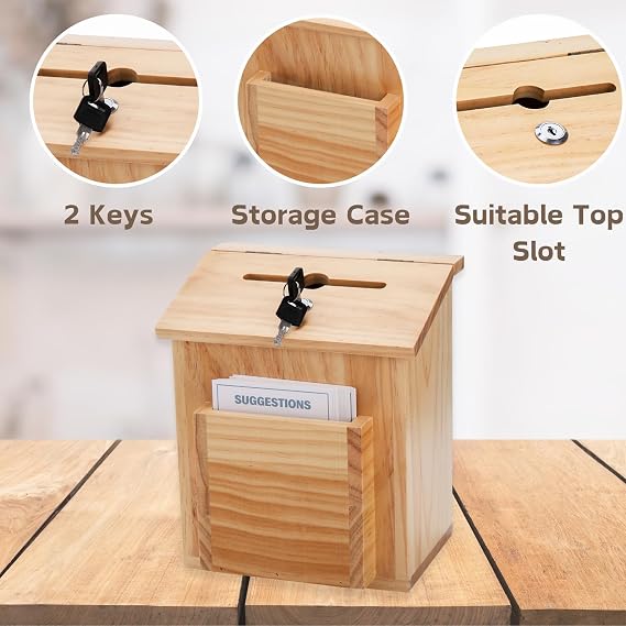 ZENFUN Wooden Suggestion Box with 50 Free Suggestion Cards, Natural Pinewood Ballot Comment Box Donation Box with Locking Hinged Lid for Countertop or Wall Mounted, 8.6 x 6.8 x 10