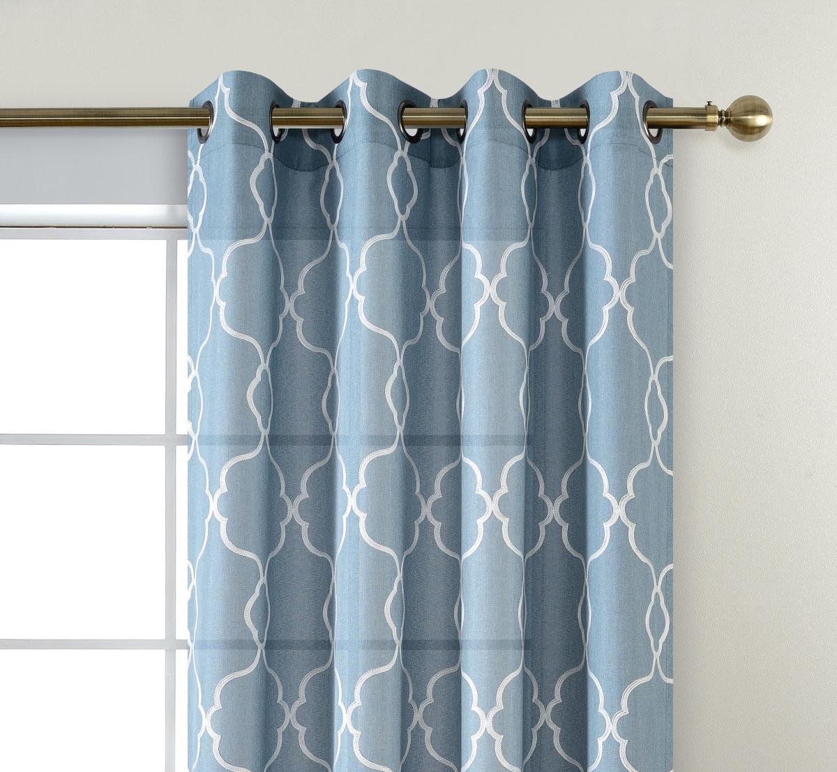 Miuco Moroccan Embroidered Semi Sheer Curtains Faux Linen Grommet Curtain Set for Bedroom 52 x 95 Inch, Dusty Blue