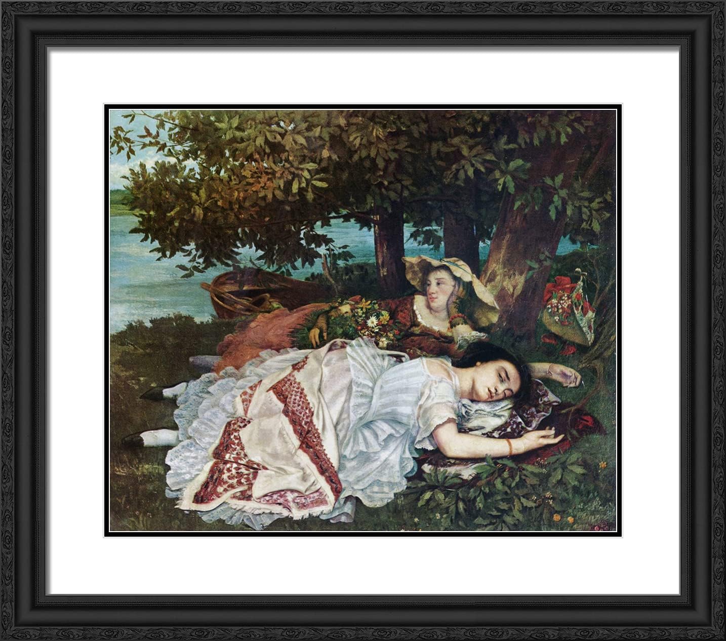 ArtDirect Courbet, Gustave 23x20 Black Ornate Framed Art Print with Double Matting Titled: Young Ladies on the Banks of the Seine