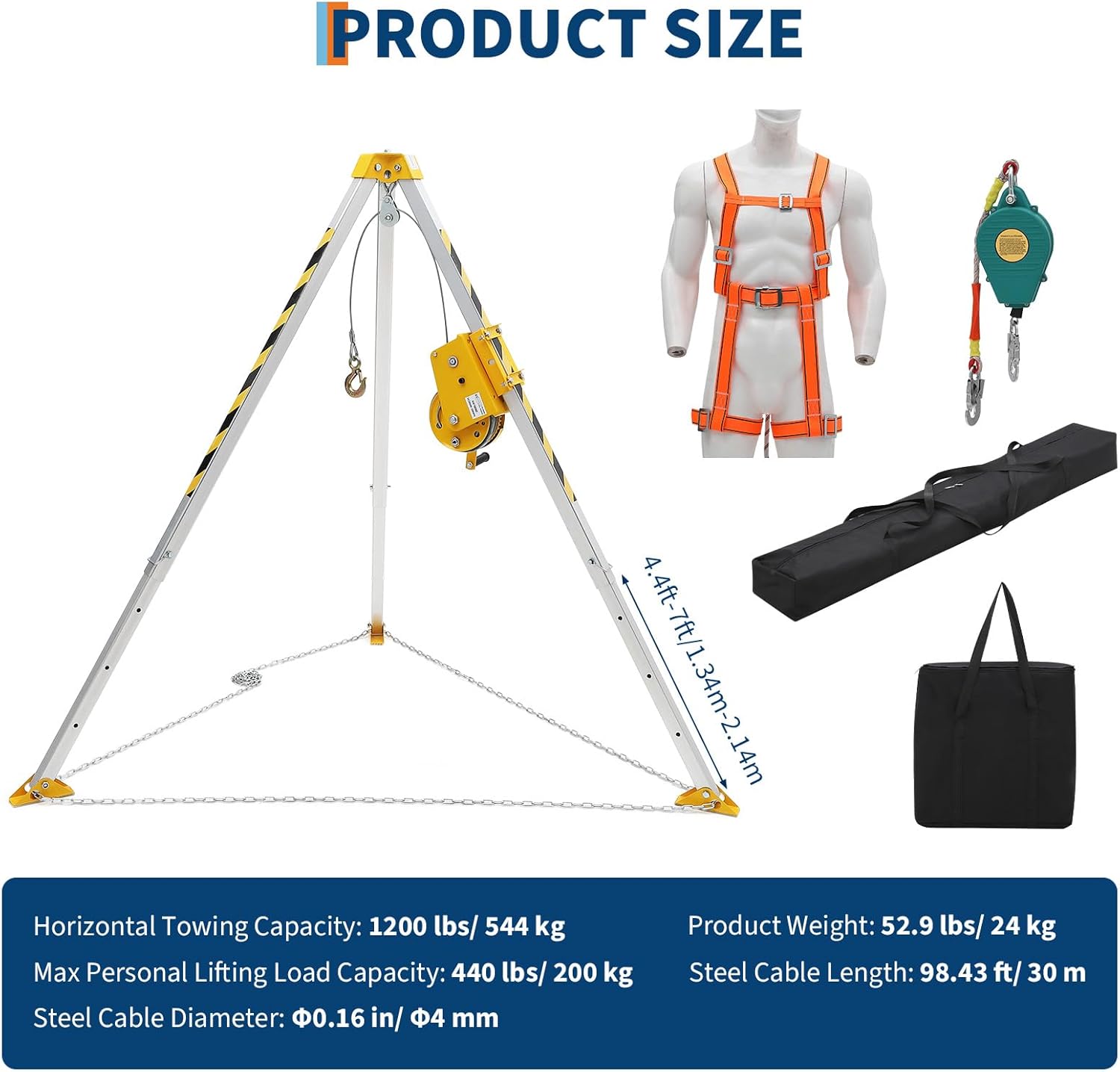 Confined Space Aid Tripod Kit – 1200 Lb Winch, 8' Adjustable Steel Legs, 98' Anti-Rotation Cable, 33' Fall Protection, Fall Arrester, Storage Bag – Industrial Equipment for Manhole & Tunnel Ope