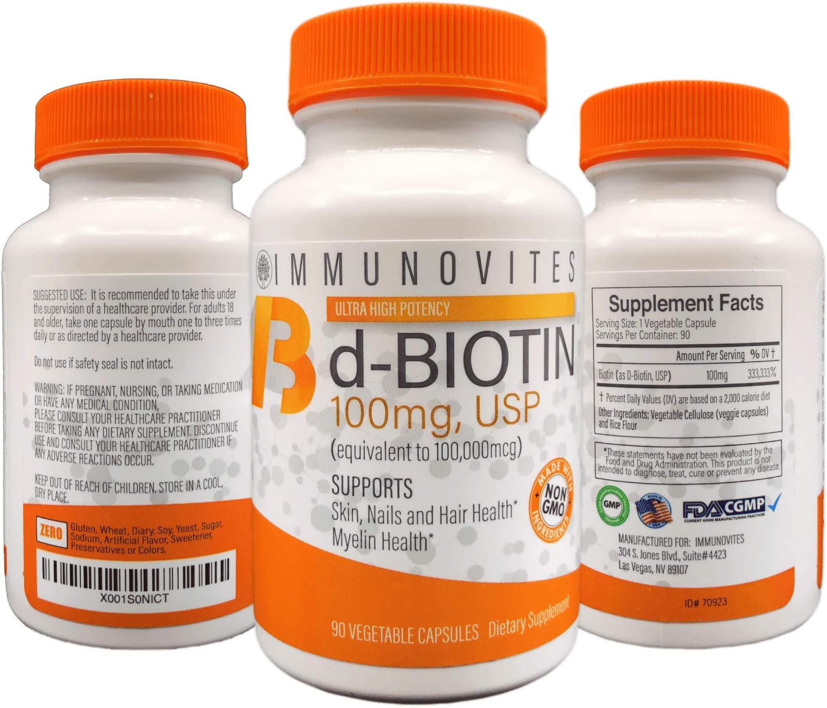 3-Pack High Dose d-Biotin 100mg (Equivalent to 100,000mcg) 90ct Each Bottle - Veggie Capsule