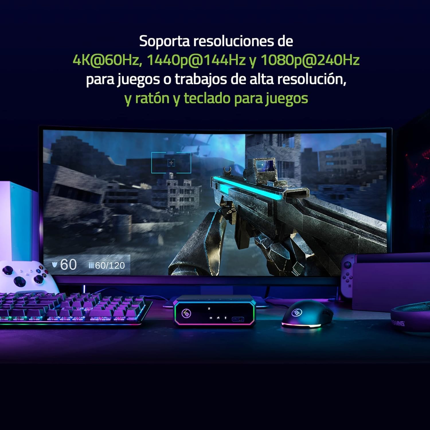 IOGEAR Keymander Nexus Gaming KVM Switch, 3 Consolas o PC comparten Teclado, Mouse y un Monitor, HDMI 4K a 60 Hz, DAC para Juegos Integrado, Audio de 3,5 mm, iluminación RGB Personalizable, USB 3.0