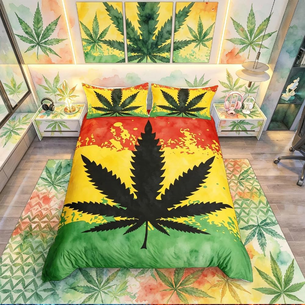 Homemissing Psychedelic Marijuana Bedding Set Cannabis Leaves Weed Duvet Cover Set Red Yellow Green Tie Dye Comforter Cover Set Trippy Hemp Leaf Bedspread Cover with 2 Pillowcase 3Pcs Bedding Double — image 1