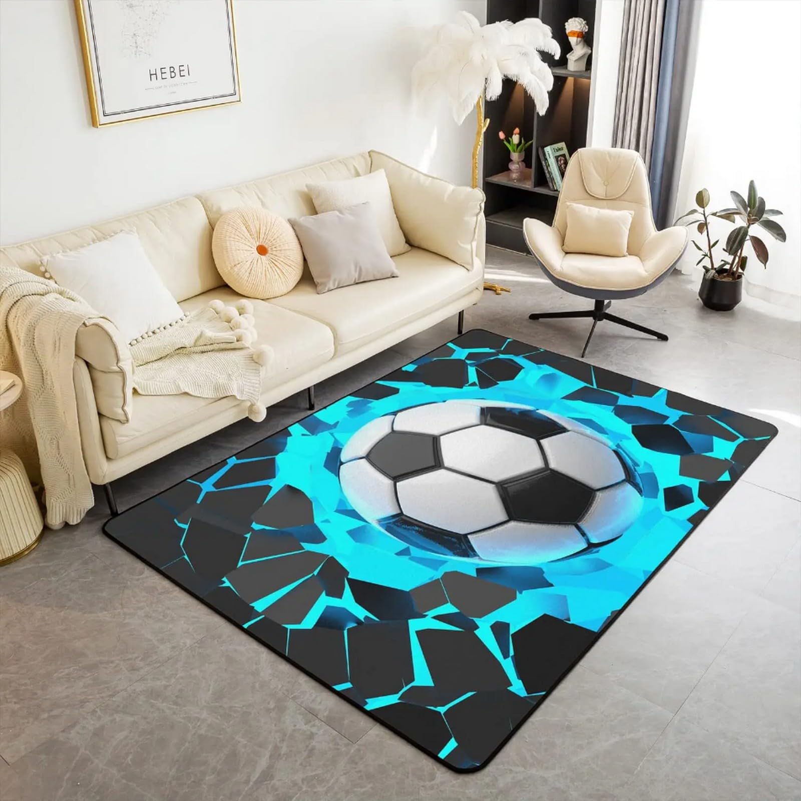 Tapis moderne 140x200 cm haute densité impression 3D football rugby durable