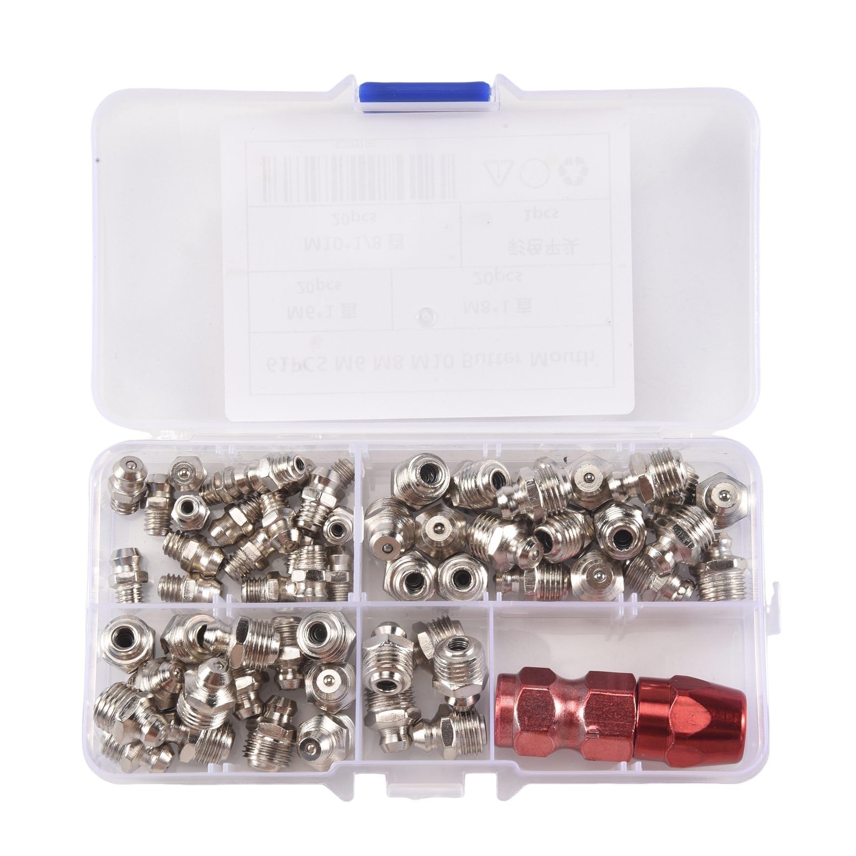 Littimoon 61Pcs/Set Grease Fitting Pack M6/M8/M10 Metal Nipple Mechanical Lubrication Part Grease Nipple Fitting Assortment Kits