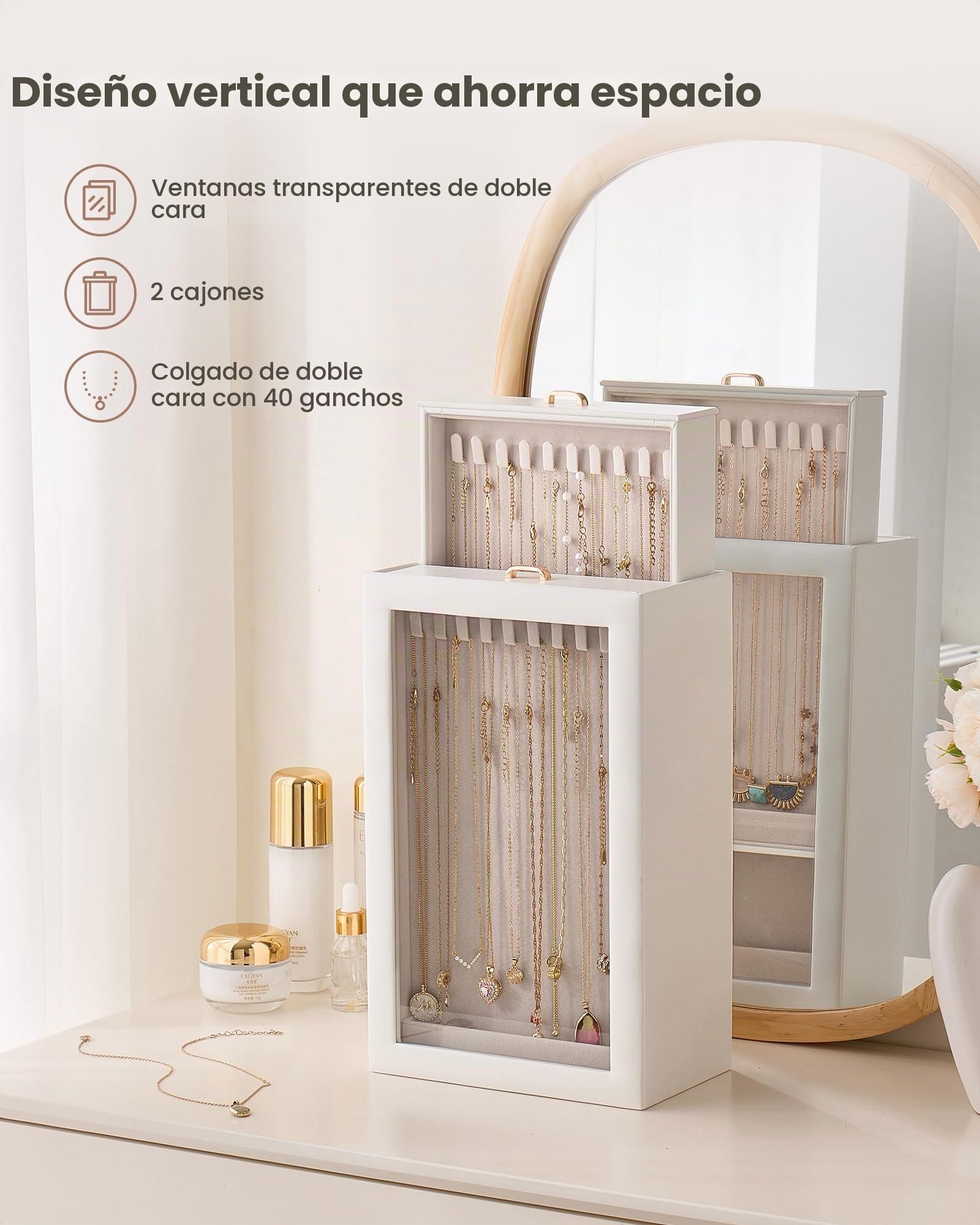 Lolalet Organizador de Collares, Caja Colgante de Doble Cara Mejorada con Ventana Transparente para Collares y Pulseras, Antienredos - Blanco, 2 Capas 40 Ganchos