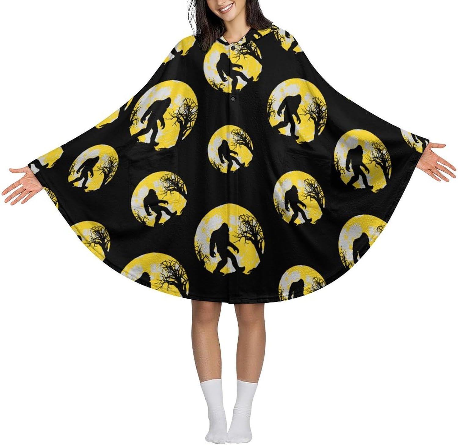 Bigfoot Sasquatch Full Moon Wearable Blanket with Hooded Flannel Blankets Cape with Pocket
