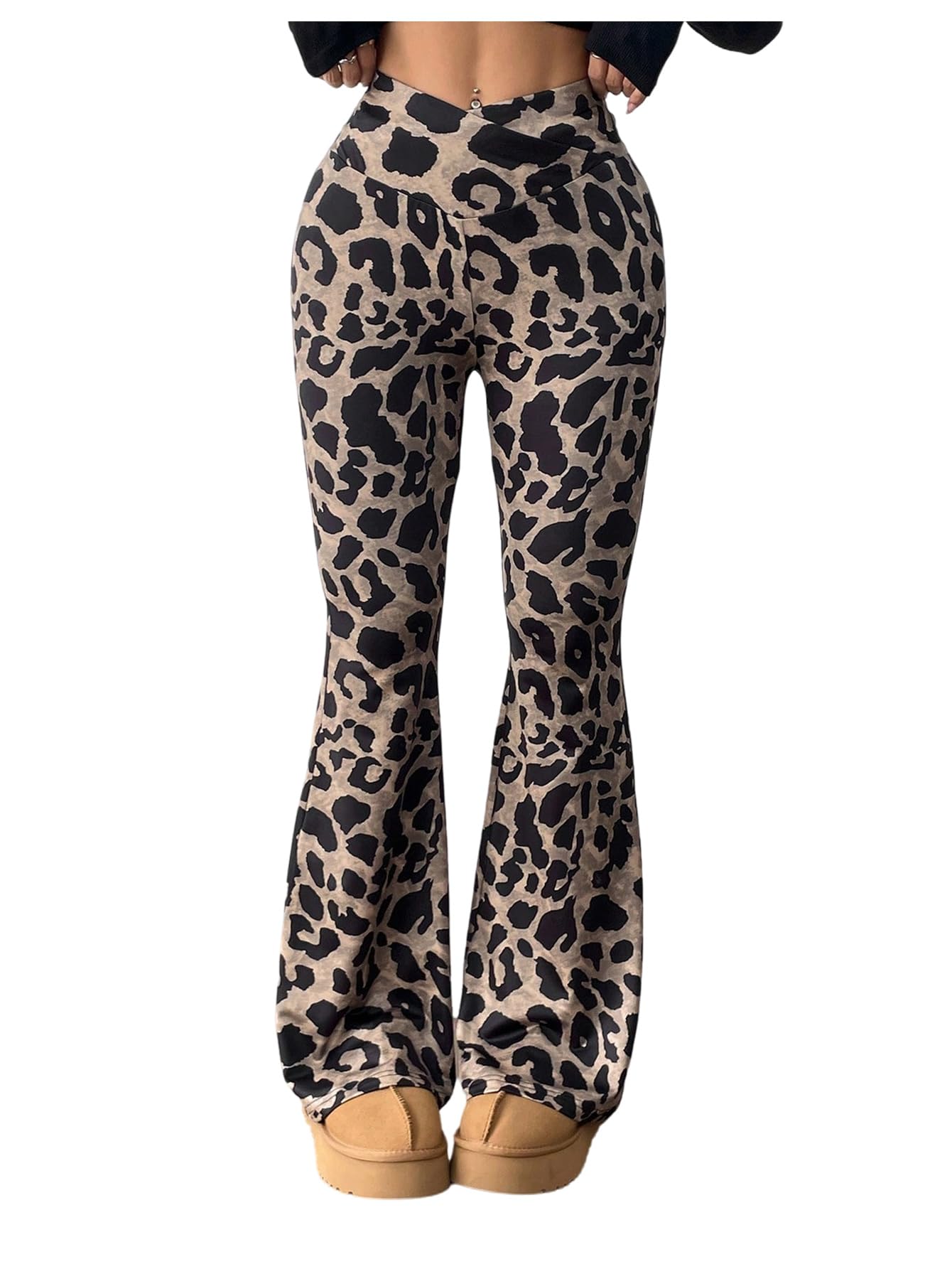 WDIRARA Womens Leopard Print Flared Pants V Crossover Elastic Waist Bell Bottom Trousers