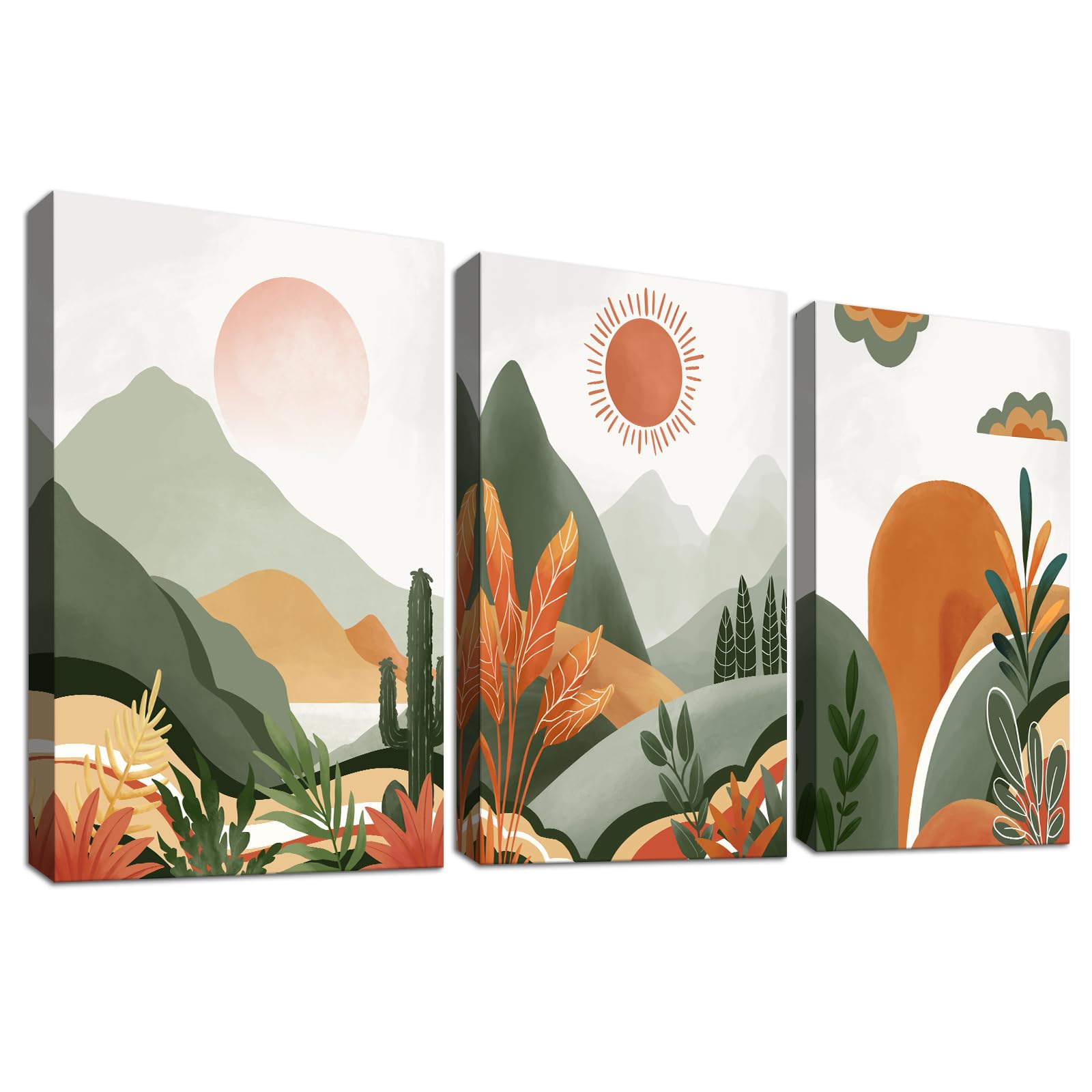 3 Pcs Wooden Framed Canvas Wall Art Canvas Prints Bohemian Desert and Sun Painting Green Mountains Plants Floral Pictures for Living Room Bedroom Bathroom Hallway Stairs Wall Decor 40x60 cm x3pcs