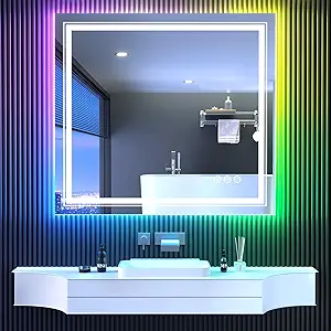 LED Mirror for Bathroom, 40"X36" with 8 RGB Backlit +3 Front Lit (Adjustable Individually), Anti-Fog, Lighted Bathroom Vanity Mirror for Wall, Shatterproof, Memory Function, Tempered Glass
