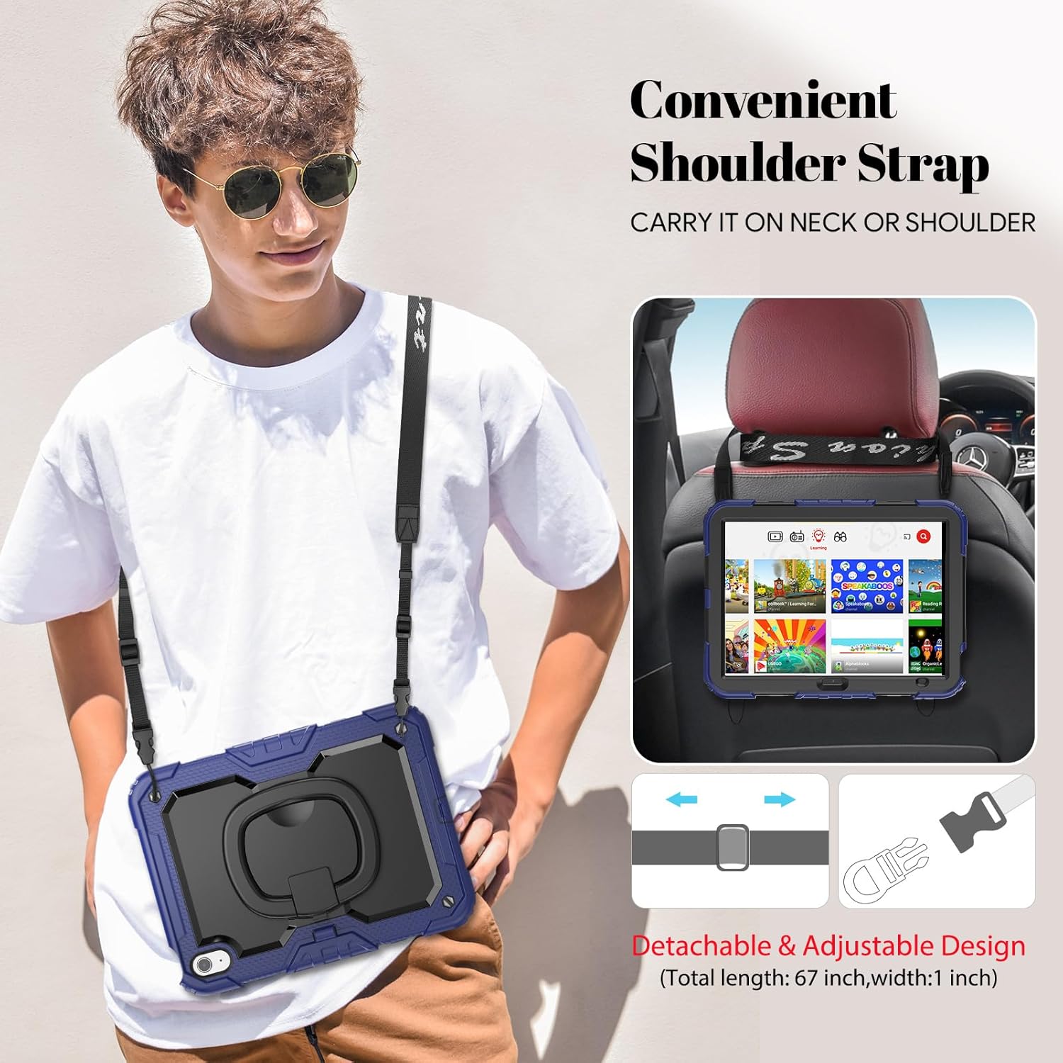 HXCASEAC Case for iPad A16 11th/10th Generation, Full Body Protective with 360 Degree Rotating Handle Stand, Screen Protector, Pencil Holder, Shoulder Strap (A2969/A2757/A3354/A3355/3356) - Navy