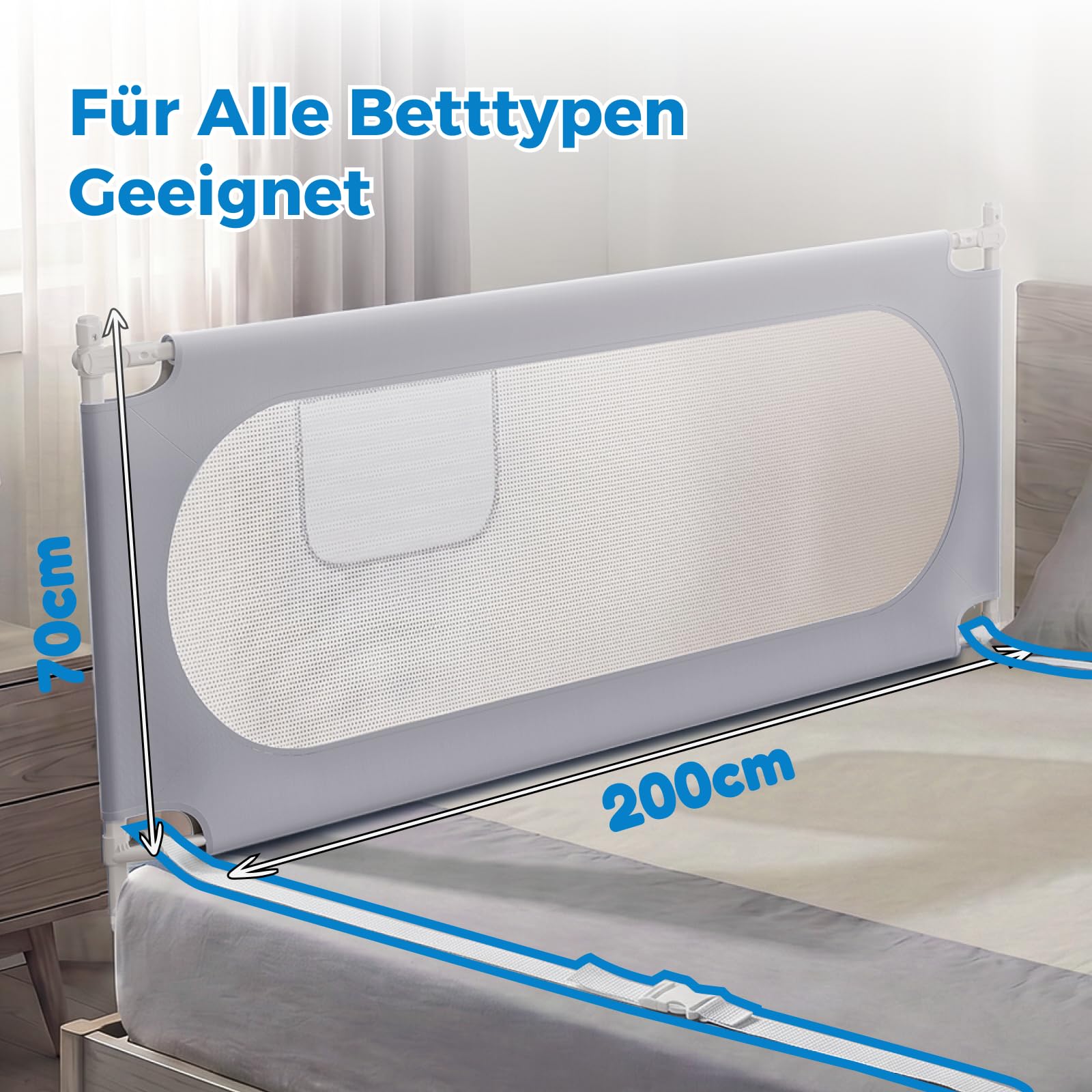 Rausfallschutz Bett 200cm – Bettgitter Stabiles U-förmiges | Stabiles Bettgitter Rausfallschutz, für Boxspringbetten und die meisten Bettarten, mit 2 Sicherheitsgurten
