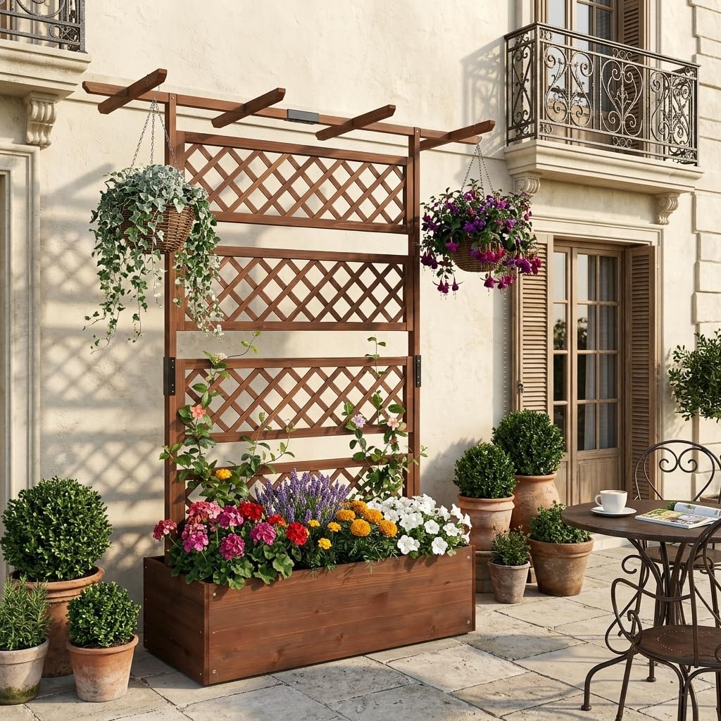 GOPLUS Blumenkasten mit Rankgitter, Pflanzkasten mit hängendem Dach & Querstange, Pflanzbeet aus Tannenholz, Pflanzkübel Outdoor mit Ablauflöchern, Blumenkübel für Garten & Balkon, 100 x 55 x 183 cm