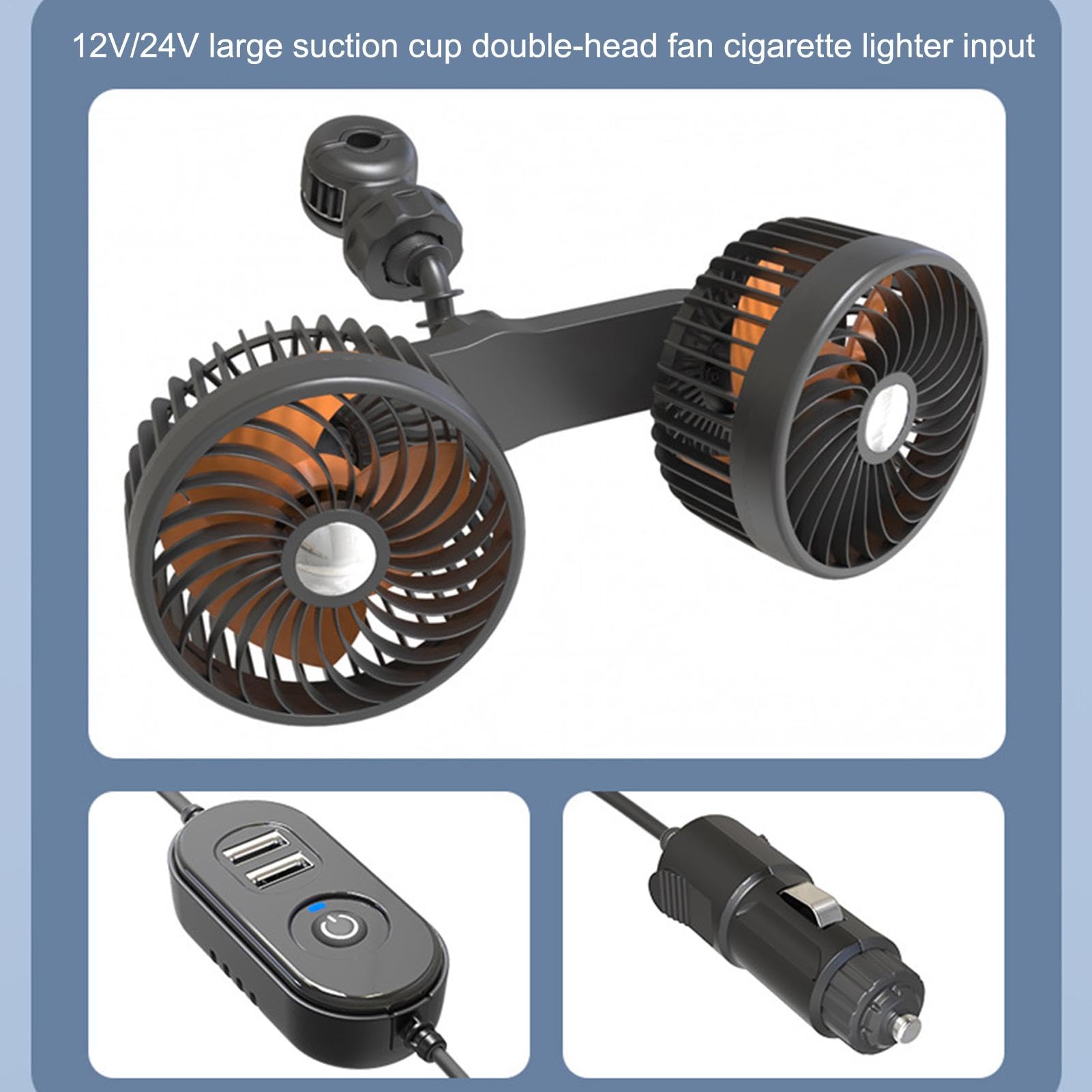 Ventilador de coche USB,Ventiladores de asiento de coche | Ventilador de coche con carga USB giratorio de 12 V y cabezal doble | Suministros de refrigeración, fácil instalación, ventilador de funciona