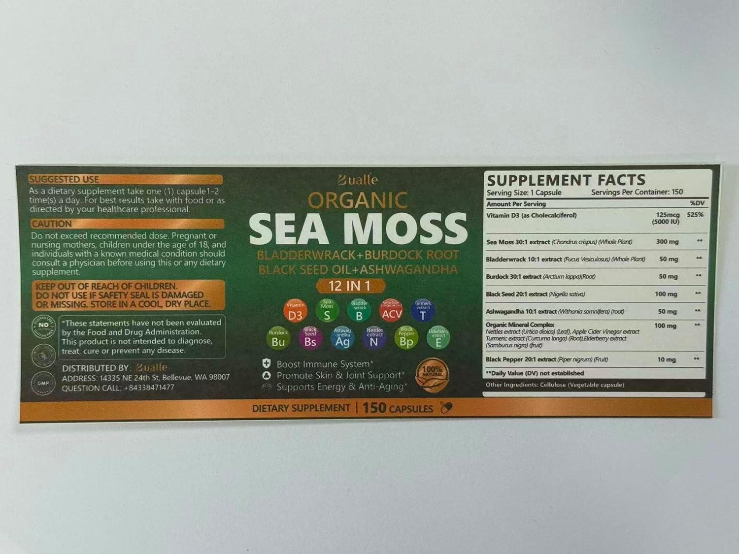 Bualle Irish Sea Moss Capsules – Organic Sea Moss, Black Seed Oil, Ashwagandha Supplements with Bladderwrack, Ginger & Burdock Root – Supports Daily Wellness, Skin & Energy – 150 Capsules,(Pack of 2)