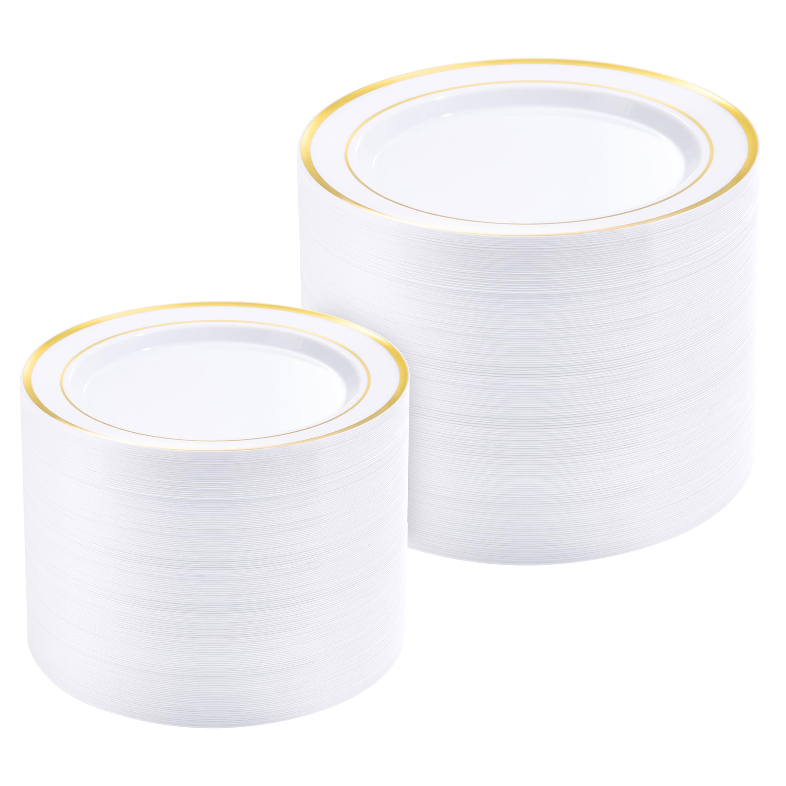 Photo 1 of BESTVIP 300PCS Gold Plastic Plates, White with Gold Rim Disposable Plates - 150 Dinner Plates and 150 Dessert Plates, Heavy Duty Fancy Party Plates for Wedding, Catering, Large Events