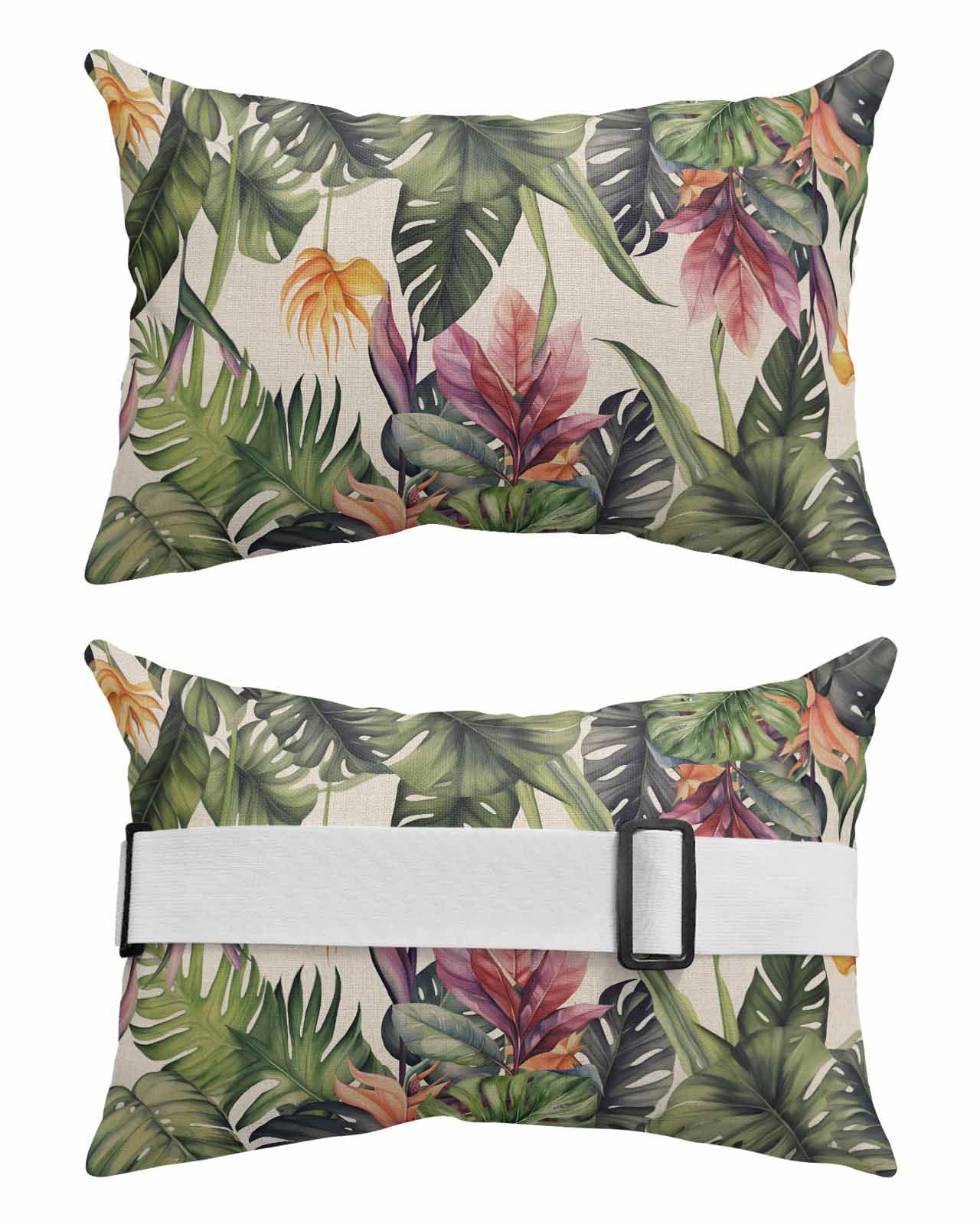 Tropical Outdoor Beach Chair Pillow Headrest for Chaise Lounge Chair, Recliner Head Pillow Waterproof Pillowcases with Elastic Band & Inserts 11x16(2 PCS) Summer Green Palm Tree Leaves Farmhouse