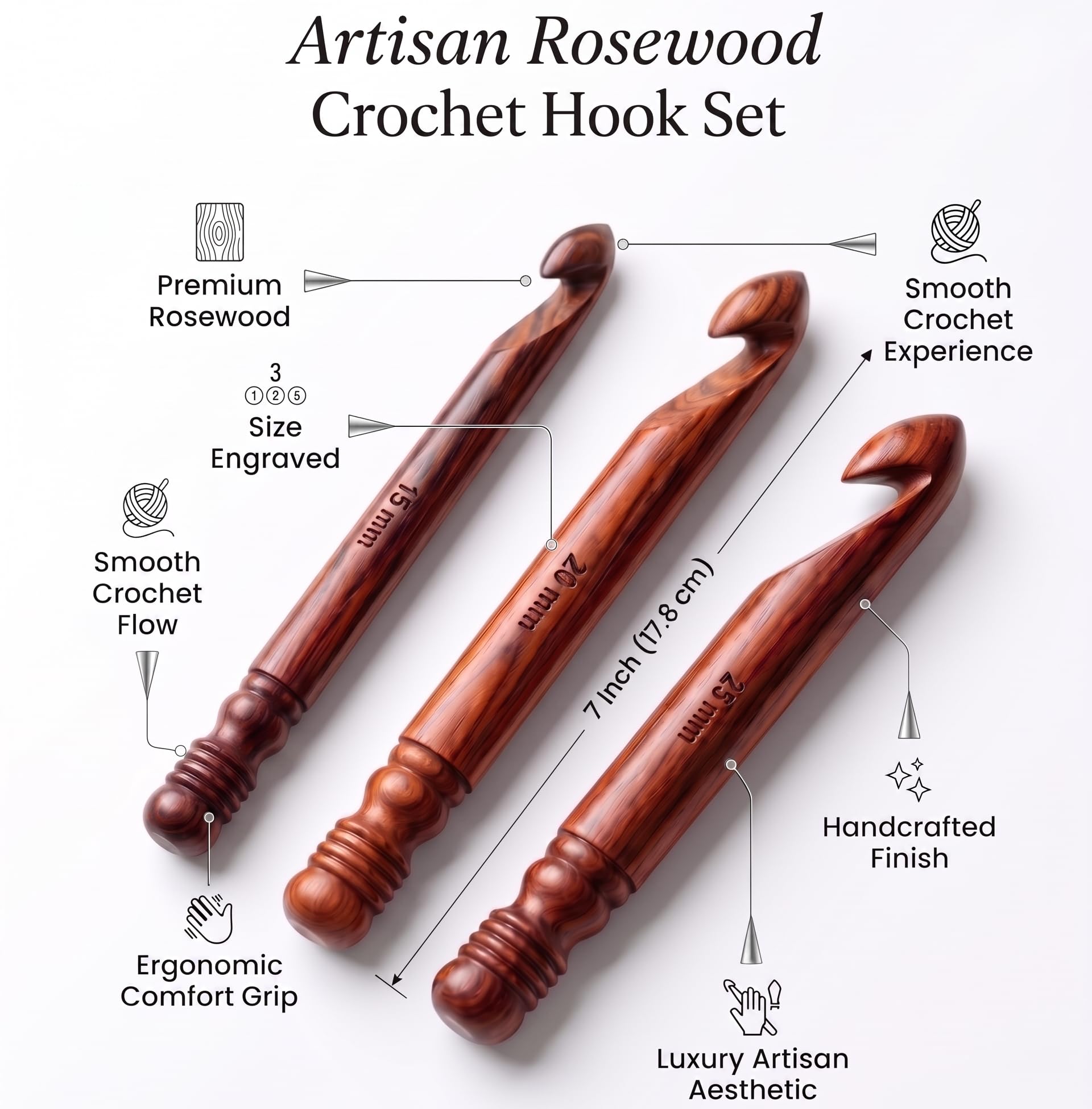 Prime Art Set di 3 uncinetti in legno di palissandro fatti a mano (15 mm, 20 mm, 25 mm) o singoli, ganci Jumbo con finitura naturale per filati grossi (palissandro, 20 mm)