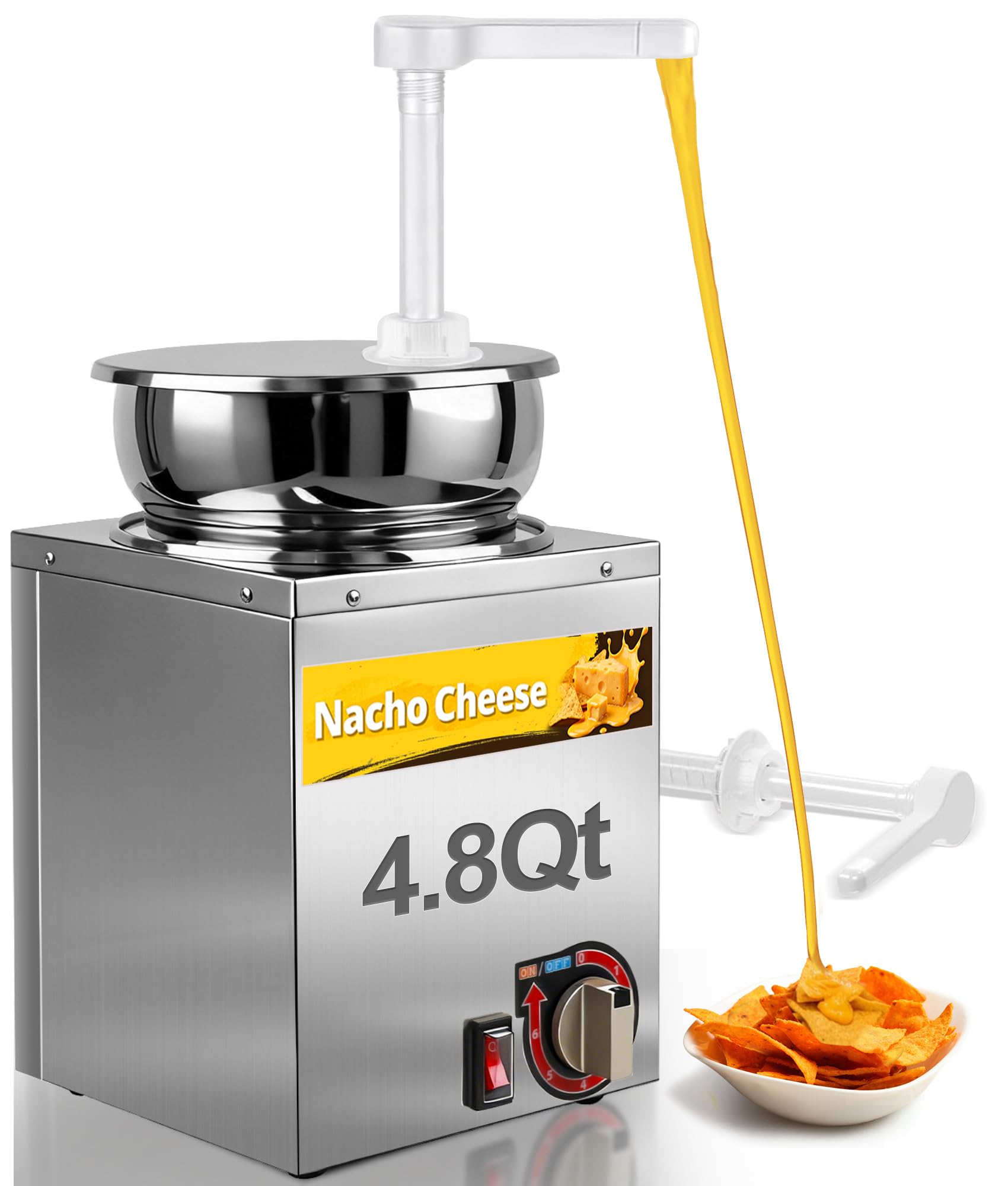 4.8Qt Commercial Rotating Dual-Pump Sauce Warmer, Stainless Steel Cheese & Hot Fudge Dispenser with 6-Temperature Adjustments for Nacho, Caramel,