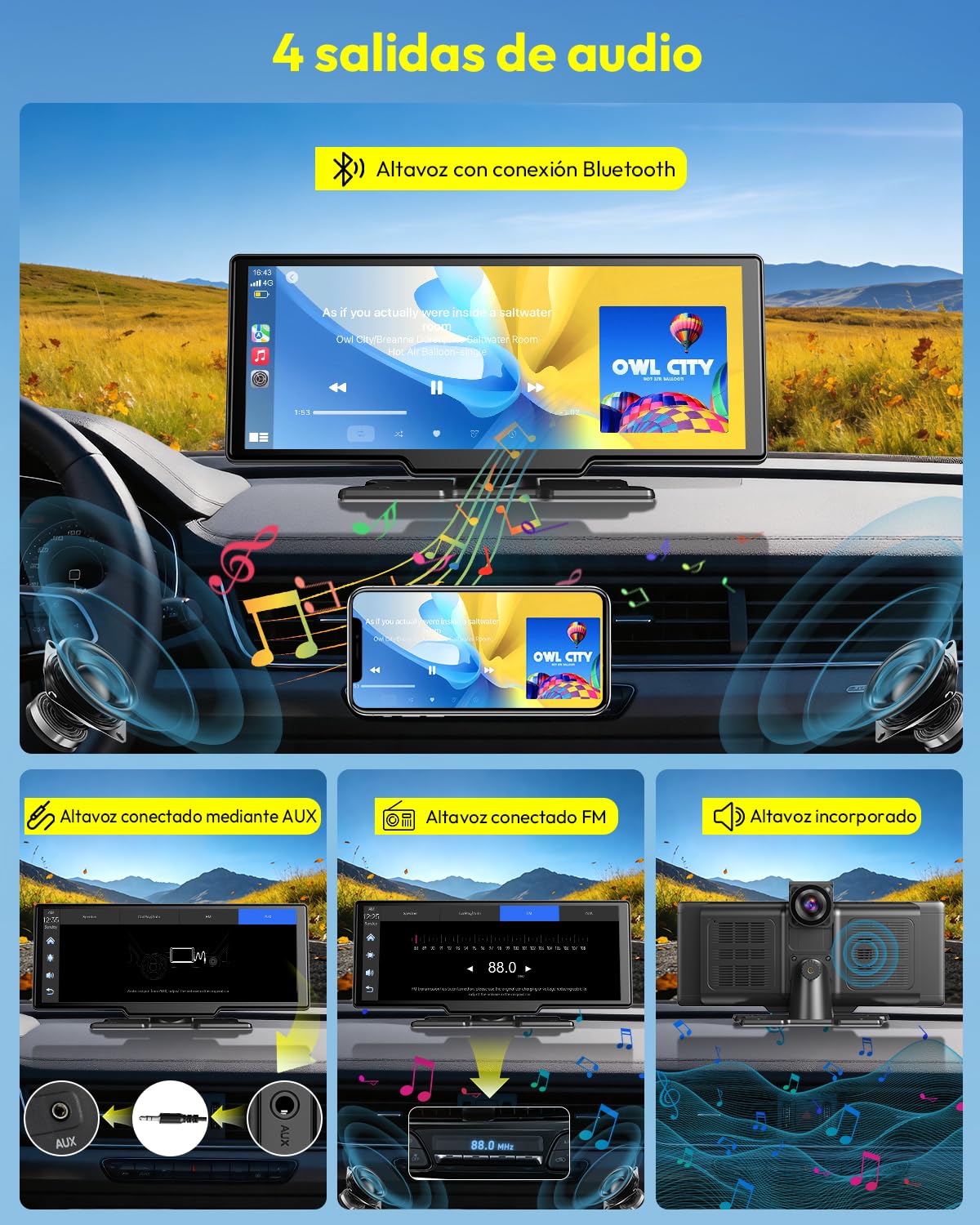 ESSGOO Pantalla Coche 10.26 Pulgadas Carplay y Android Auto Inalámbrico con 4 Sensor de Presión de Neumáticos Cámara Frontal 4K Trasera 1080P,IPS Táctil,Bluetooth,Mirror Link,Control por Voz,64GB TF