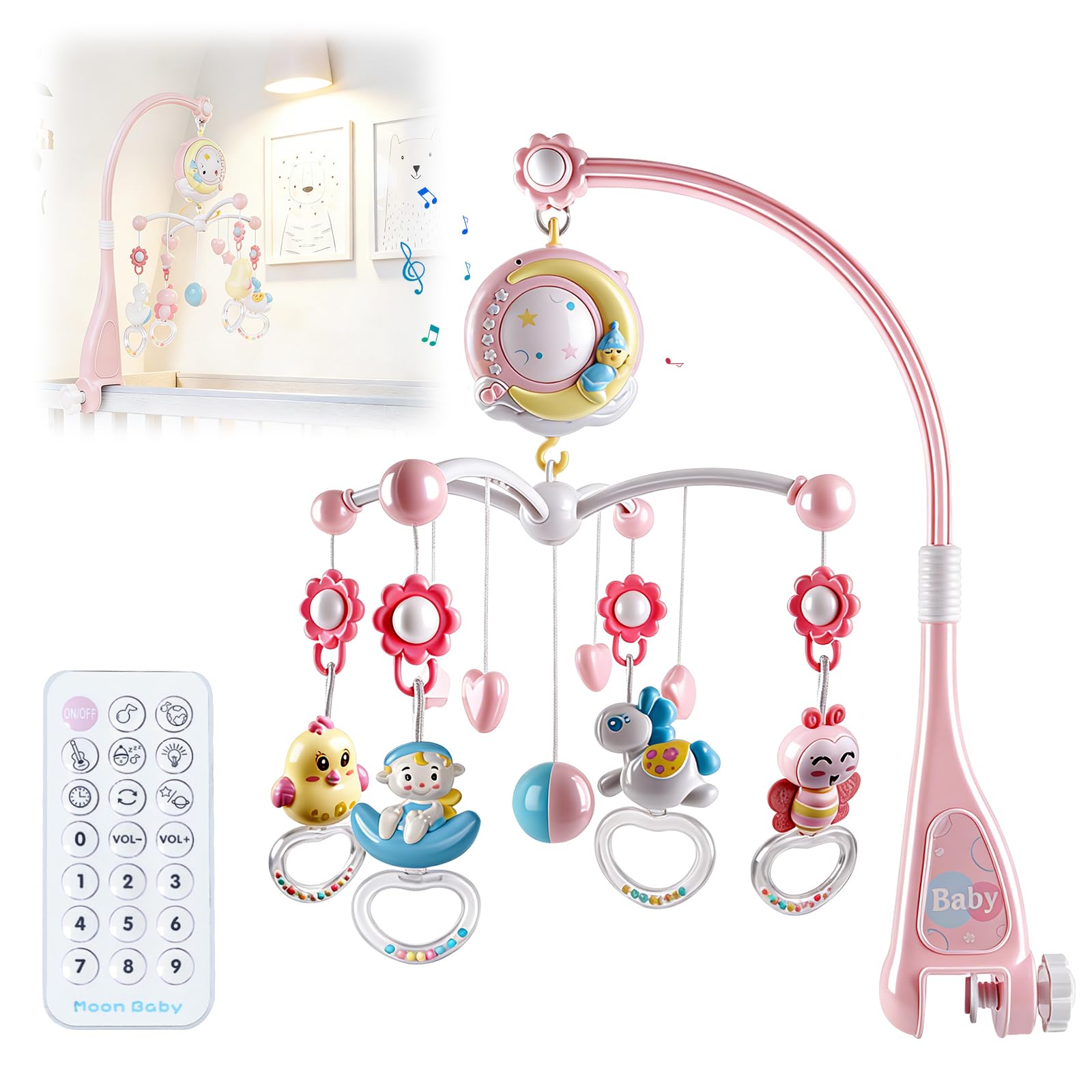 Movil Cuna Bebe, Móvil Musical para Cuna de Bebé con Proyector y Luz de Noche, Colgando Girando Sonajeros y 150 Melodias Mando a Distancia Caja de Musica, Movil Cuna Extraíble Juguete Cuna Bebé