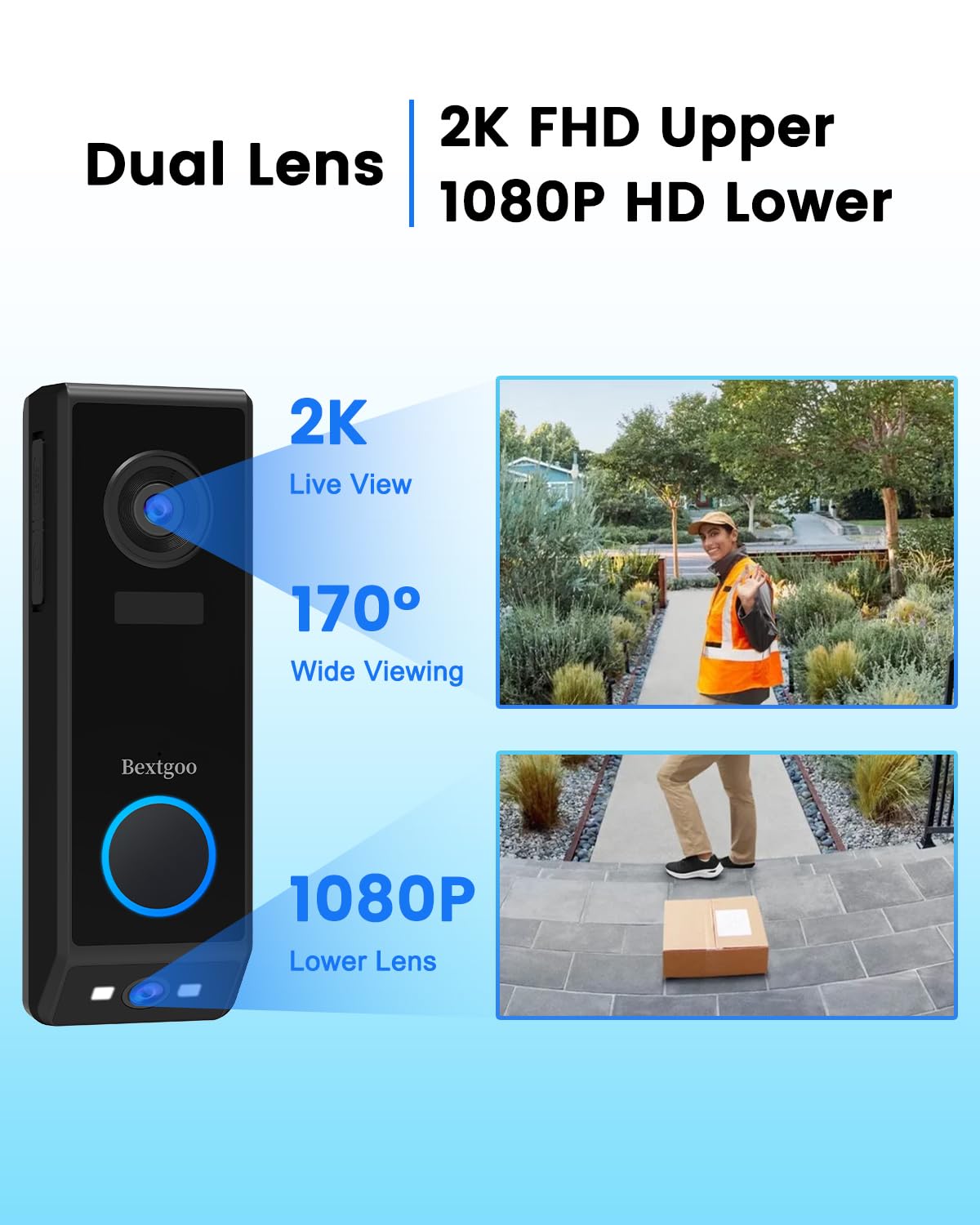 Bextgoo Draadloze deurbel met camera, 4 MP FHD draadloze deurbel voor buiten, waterdicht, batterijen 10.000 mAh, menselijke detectie, AI, videogesprek, bidirectionele audio, nachtzicht, IP67