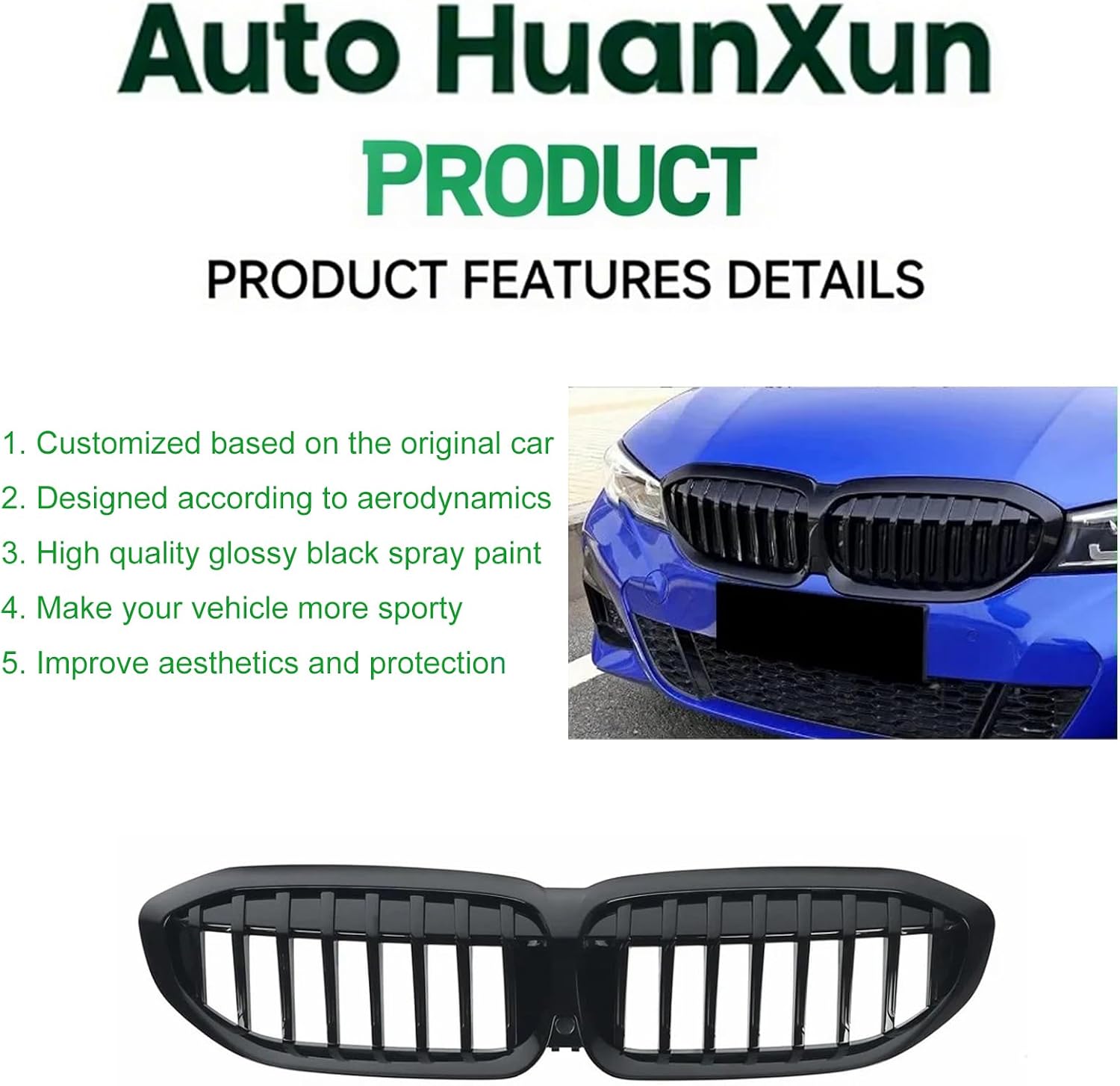 G20 Grill Front Kidney Grille Replacement Compatible with 3 Series G20 2019-2022 316i 318i 320i 328i 330i 335i 340i Easy Installation (Single Slat/Gloss Black, G20 (2019-2022))