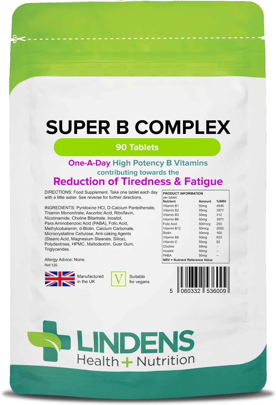 Lindens - Super B Complex Tablets - 90 Pack - UK Made - 3 Months Supply with a Full Spectrum of B Vitamins and Vitamin C - Reduces Tiredness and Fatigue - Letterbox Friendly, Vegan