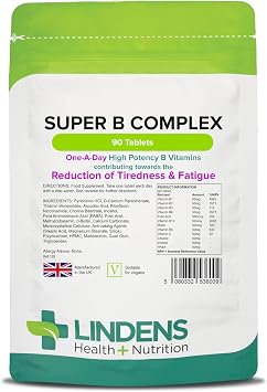 Lindens - Super B Complex Tablets - 90 Pack - UK Made - 3 Months Supply with a Full Spectrum of B Vitamins and Vitamin C - Reduces Tiredness and Fatigue - Letterbox Friendly, Vegan