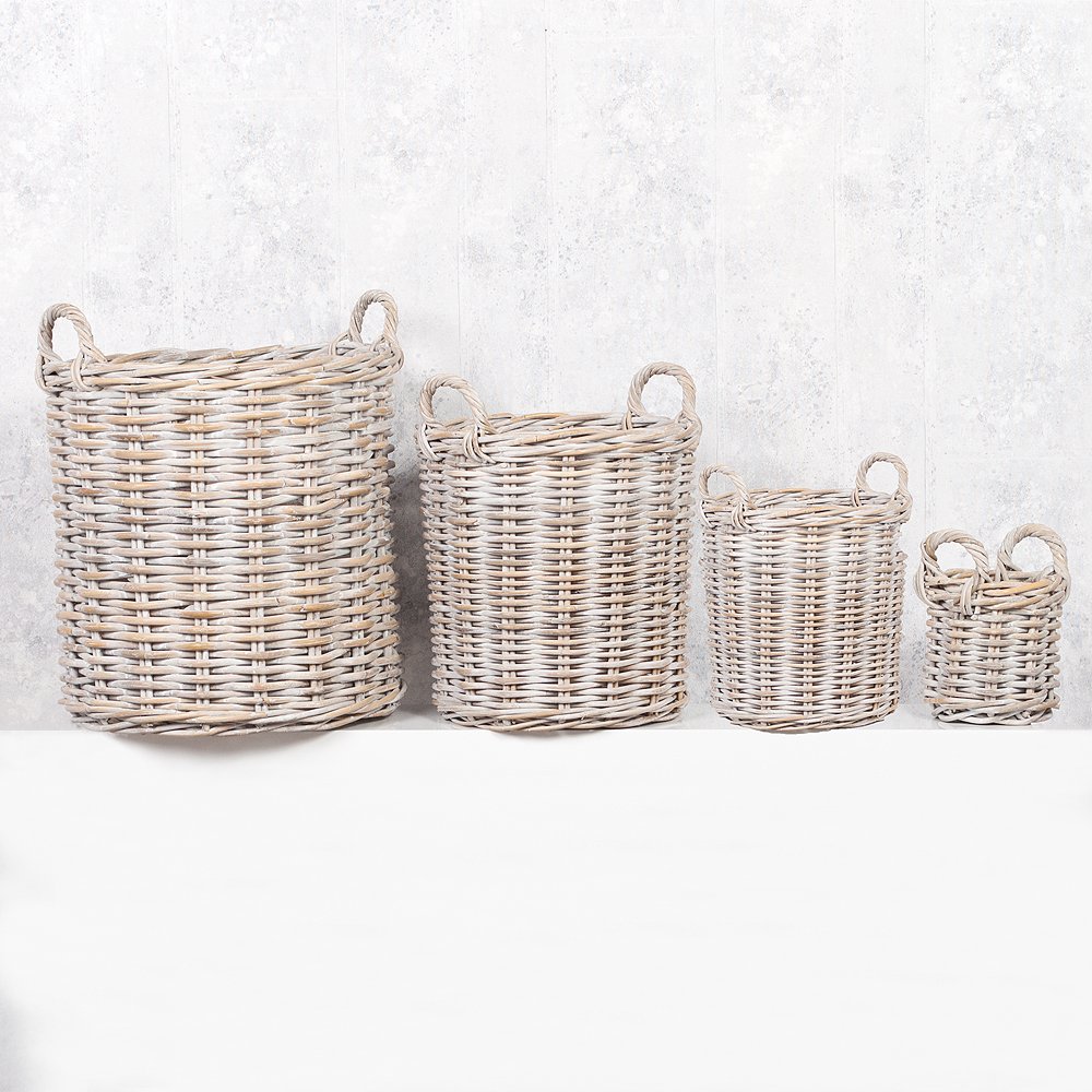 Rattankorb BAKUL rund White 50cm Durchmesser mit Griffen Pflanzkorb Inlay Aufbewahrungskorb Korb