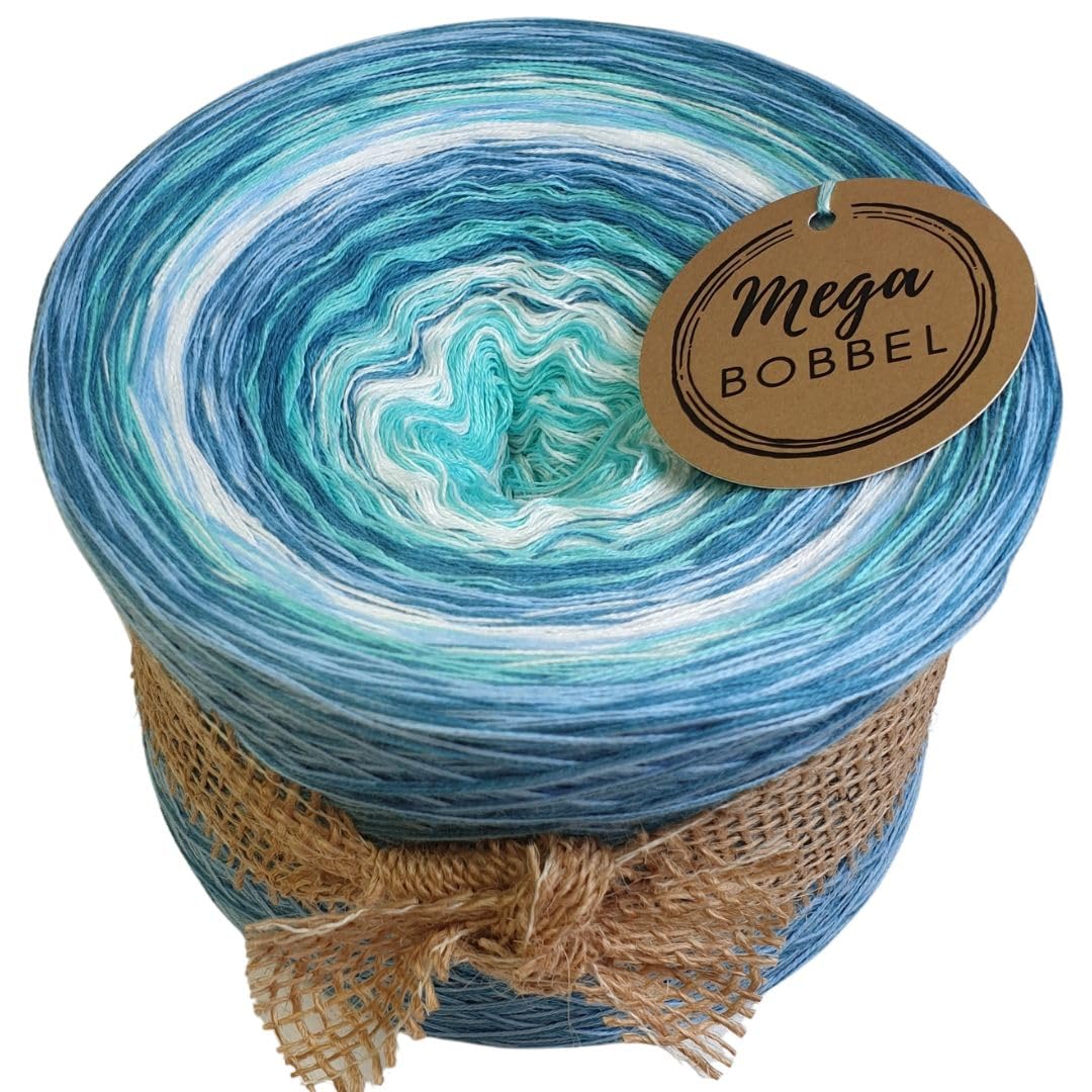 MegaBobbel*Strudel mit Türkis & Blau*A512* (Außenfarbe: Hell Petrol+Aqua) Farbverlaufsgarn - Lace Garn Bobbel Wolle zum Häkeln & Stricken - 50% Baumwolle/50% Polyacryl (4 fädig, 3750m)