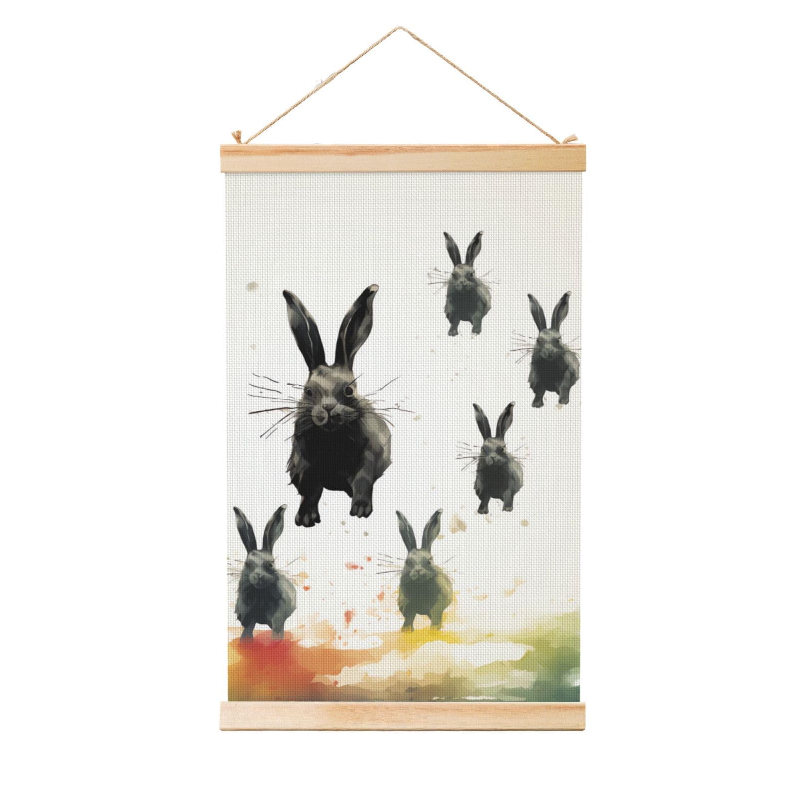 Rabbits silhouette Poster Wooden Shaft Hanging Poster Wall Hanging Banner Canvas Artwork with Wood Frames 16"x24" Modern Artwork Decor Ready to Hang Wall Art for Home Decor Scroll Painting