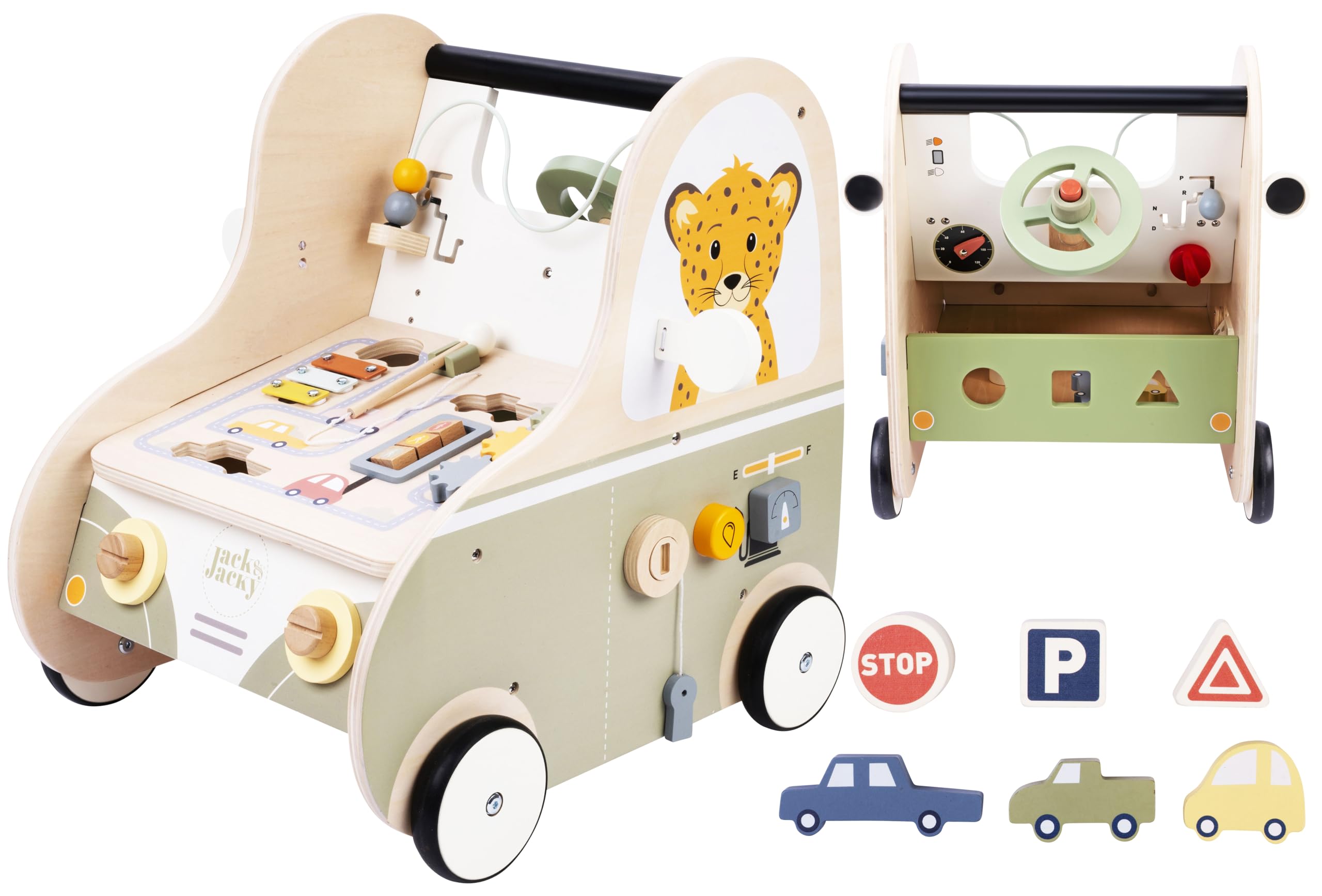 Engelhart - 640055 - Trotter in Legno Multi- attività - Giocattolo a Forma di Auto da Spingere per Bambini - Sviluppo Motorio e Educativo - A partire da 12 mesi