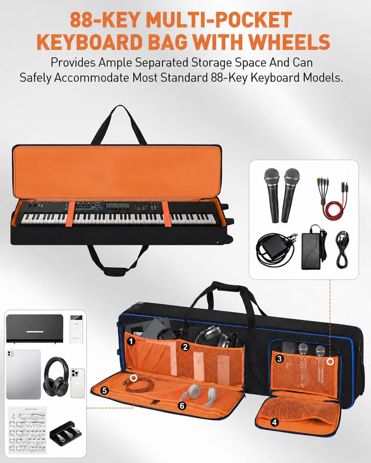 88 Key Keyboard Case with Wheels, Padded Rolling Gig Bag for Piano 53" × 14.5" × 7" Interior, Backpack Straps, Reinforced Handle, Storage Pockets & Secure Straps for Travel and Gigs