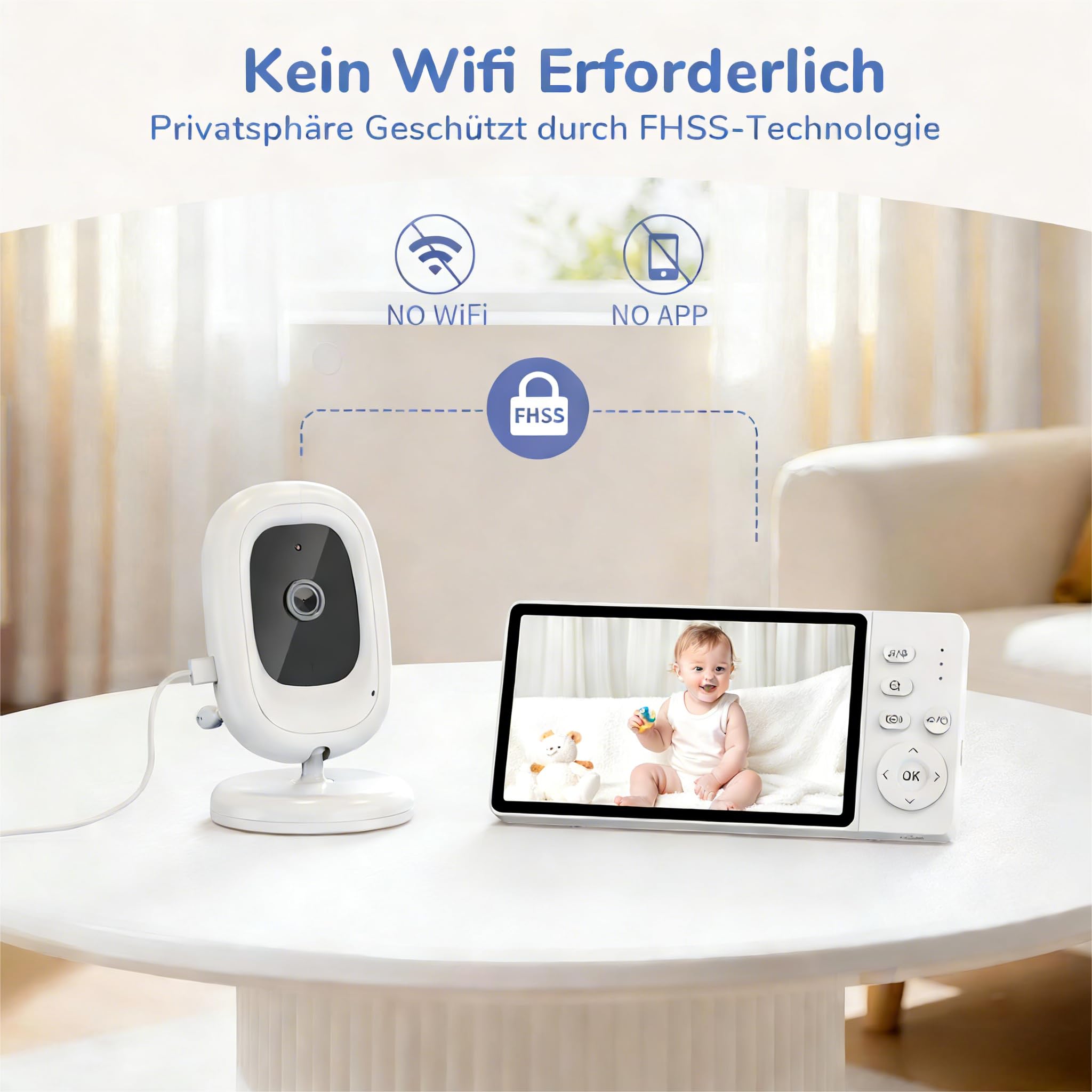 Ohne WLAN 5" IPS Babyphone mit Kamera, 1080P Babyphone, HDR Nachtsicht, VOX Modus & 3X Zoom, Zwei-Wege-Audio babyfon, Temperaturanzeige, 8 Schlaflieder Baby Monitor