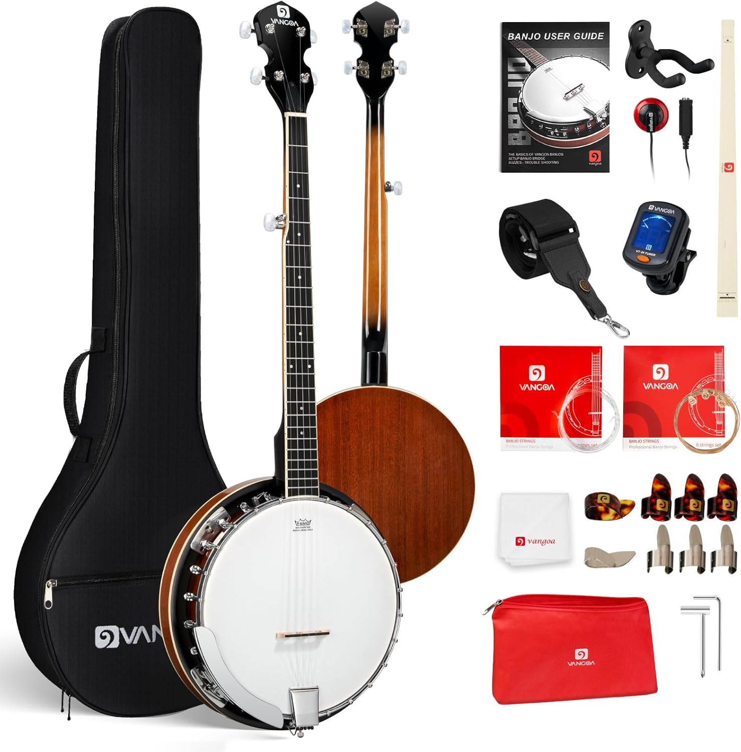 Vangoa 5 String Banjo Full Size Kit, 38 Inch Nylon Banjo Adult Beginner Pack, with Detachable Resonator, Frosted Remo Drumhead, Premium Accessories, Starter Banjo for Teens, Brown