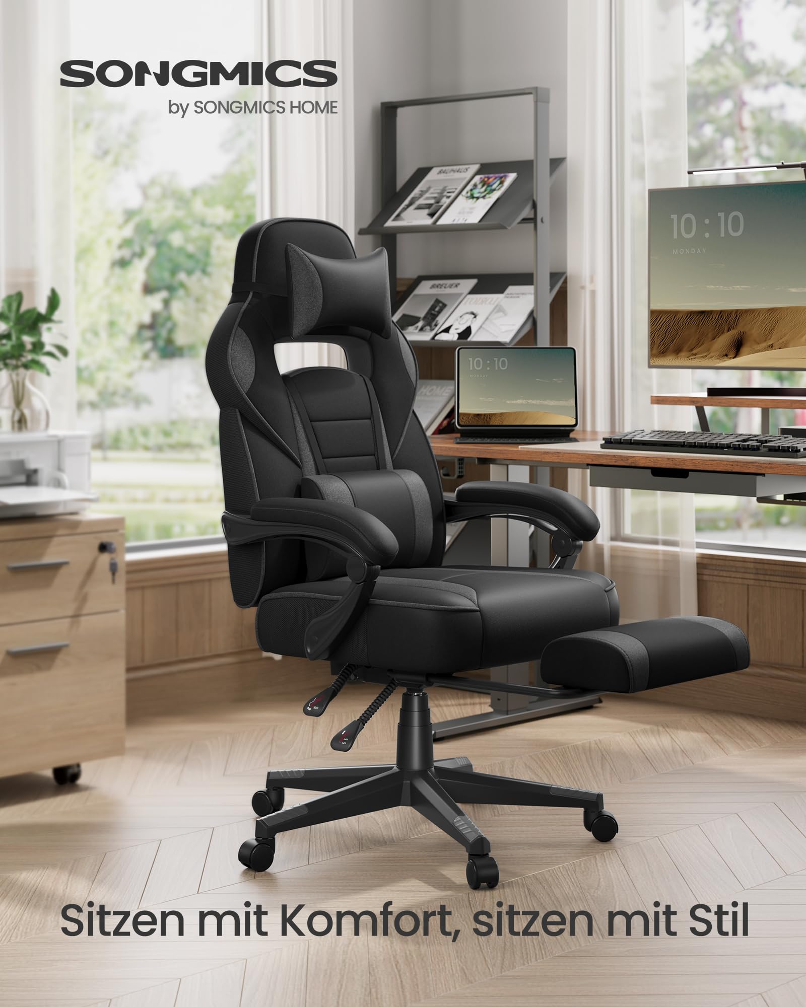 SONGMICS Gaming-Stuhl, Bürostuhl mit Fußstütze, Schreibtischstuhl mit Kopfstütze und Lendenkissen, höhenverstellbar, ergonomisch, bis 150 kg belastbar, tintenschwarz-schiefergrau OBG073BH20