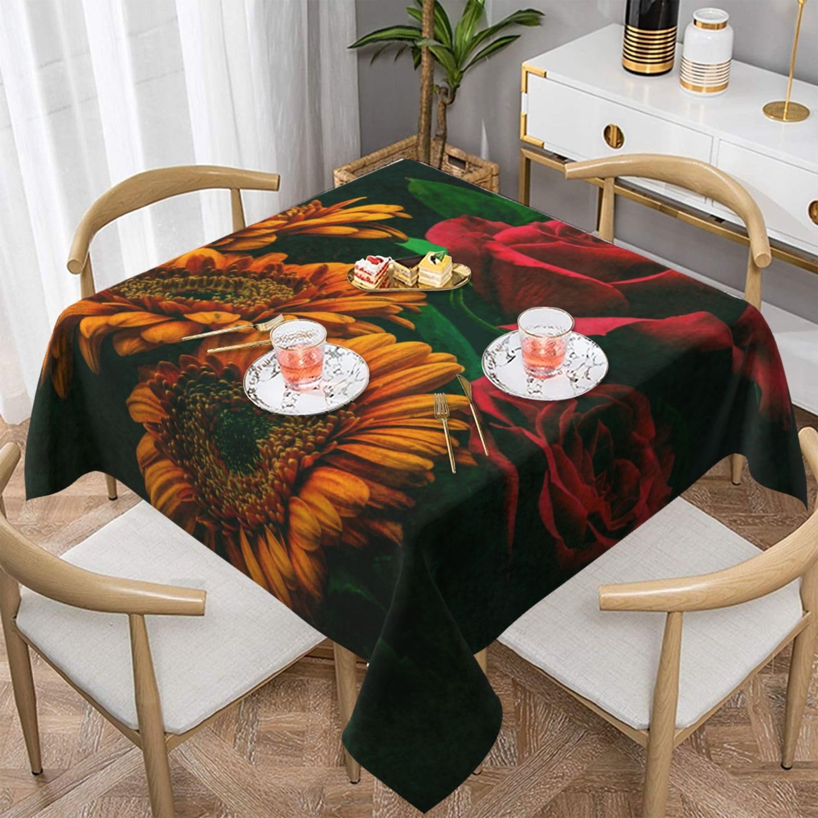 DCEHGEW Sunflower and Rose Prints Square Tablecloth 152x152 CM, Waterproof Fabric Table Cloth for Dining Table, Farmhouse Table Cover for Kitchen Dining Tabletop Decoration