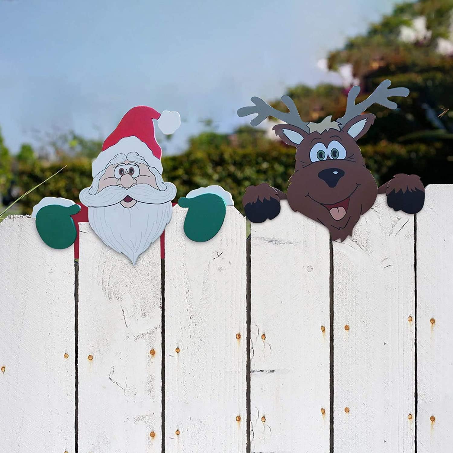 Christmas Fence Peeker Decoration Outdoor Peeking Garden Yard Decorations Santa Snowman Reindeer Xmas Fence Decorations Xmas DIY Outdoor Garden Fence Sign for Holiday Decor Ornament