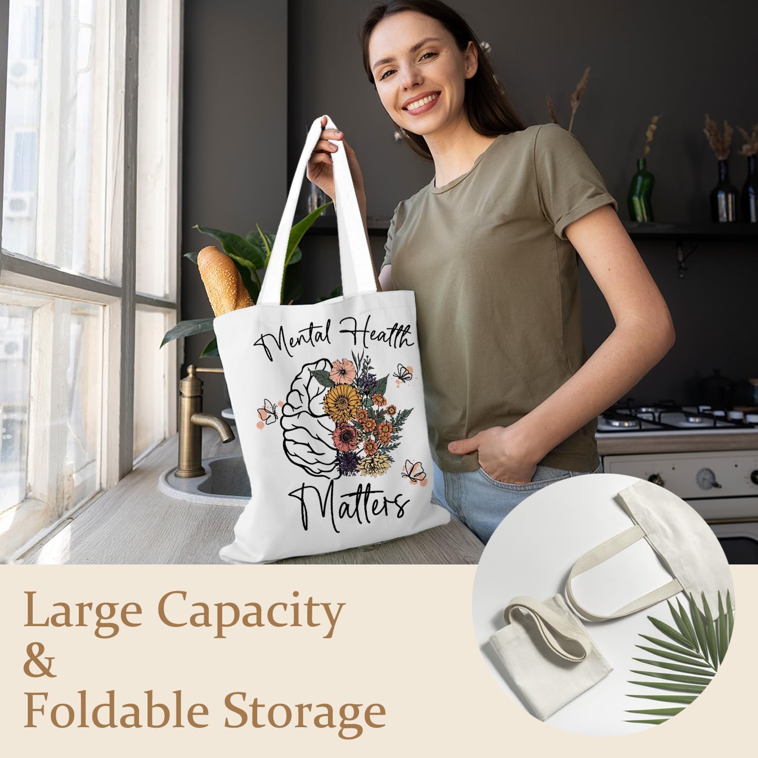 Mental Health Matters Tote Bag, Wildflower Brain Inspirational Canvas Tote Bags for Women, Psychology Gifts, Mental Health Gifts Reusable Grocery Shopping Bags - Image 3