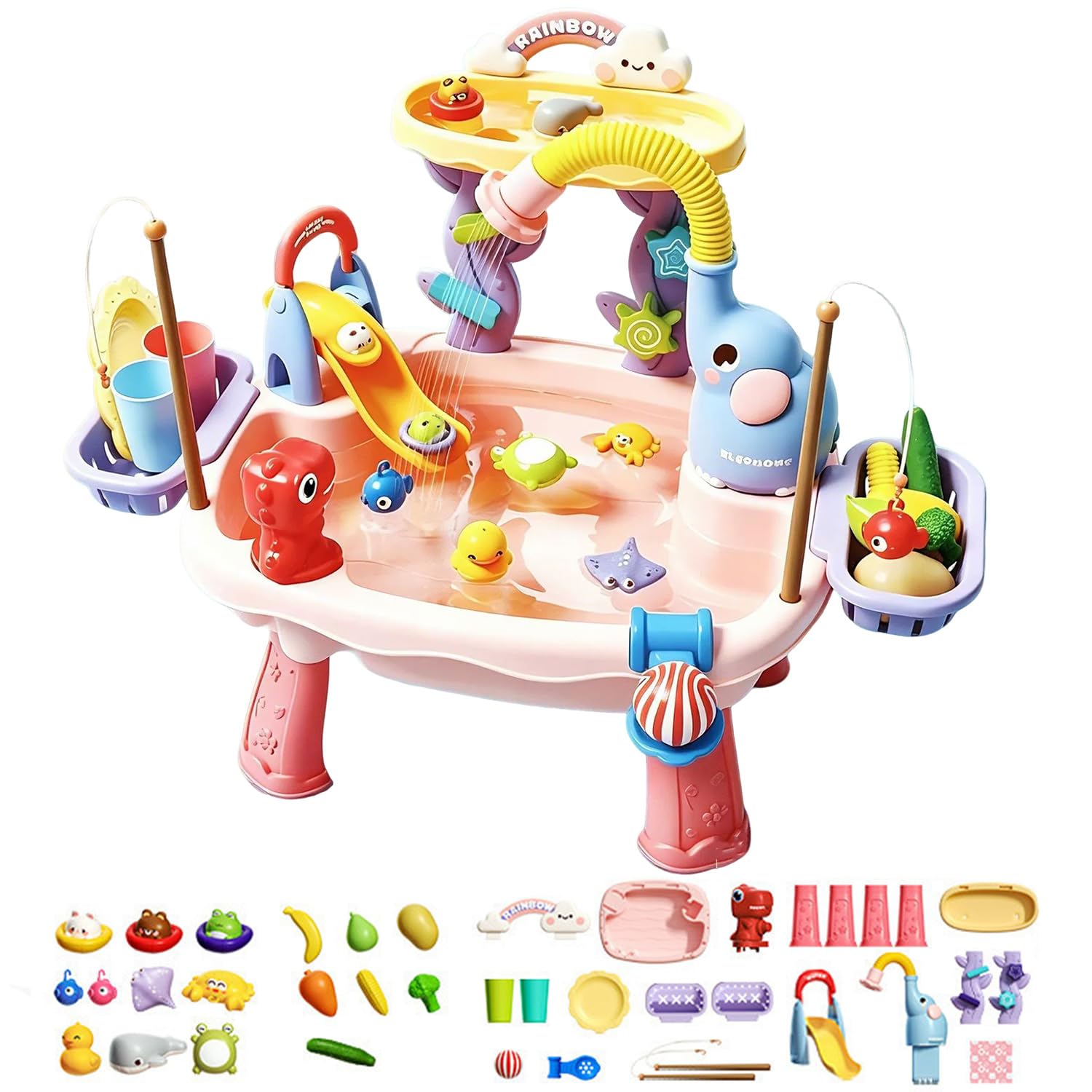 2026 Upgraded Water Table for Toddlers, 2 Layer Water Table with Elephant Shower Head, Kids Water Play Table with Slide Play Food Accessories Fishing Toy, Kitchen Play Sink Toys for Girl Boy (Pink)