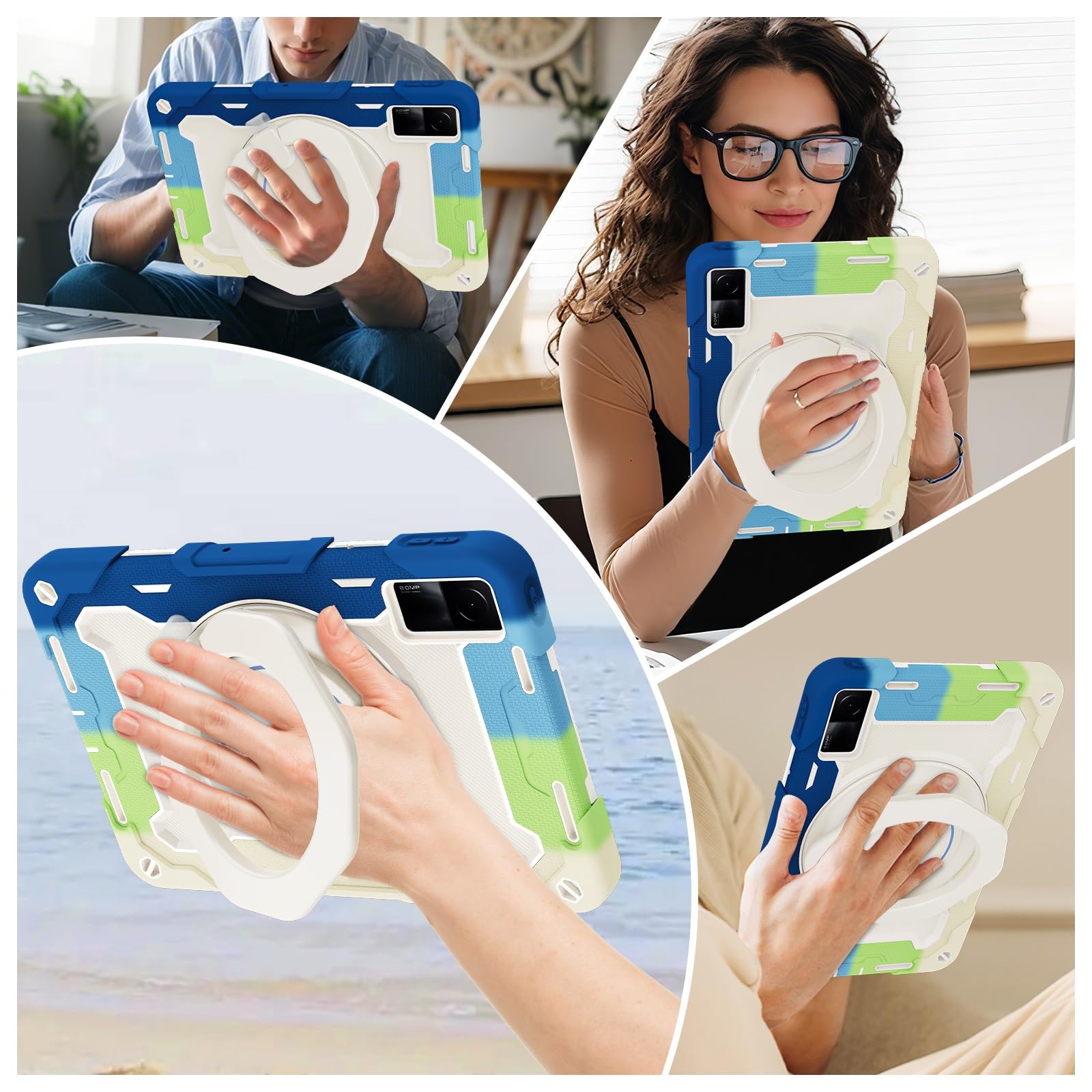 Custodia protettiva resistente per Xiaomi Redmi Pad da 10,6 pollici, supporto girevole a 360°, tracolla, portapenne e anello per impugnatura, copertura antiurto, per bambini e adulti (blu