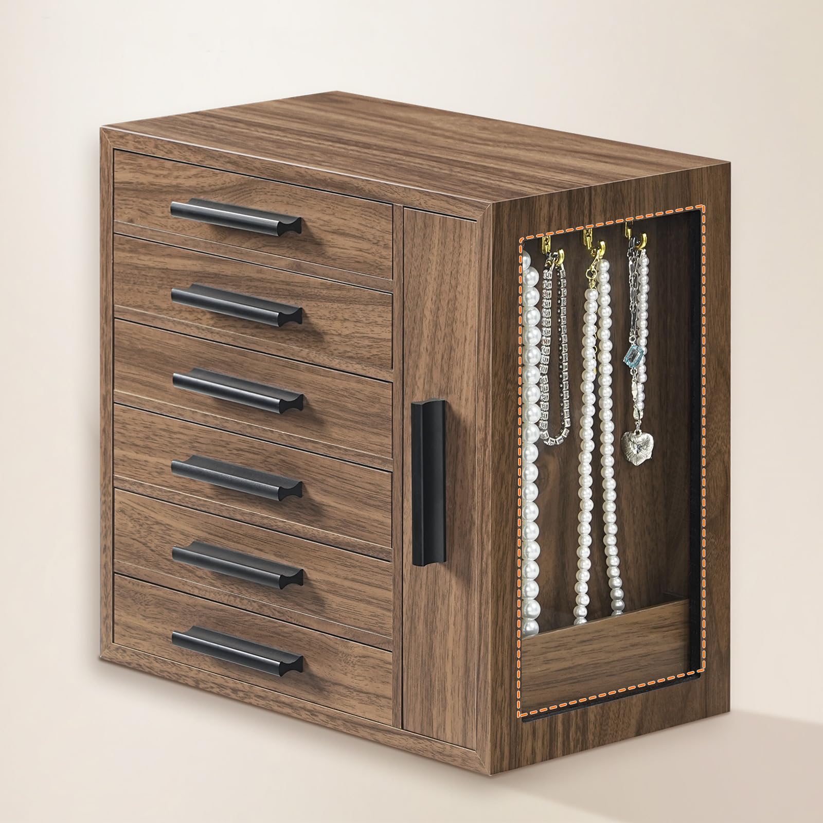 HOOBRO Caja Joyero de Madera 6 Niveles con Ventana Lateral Nogal y Negro