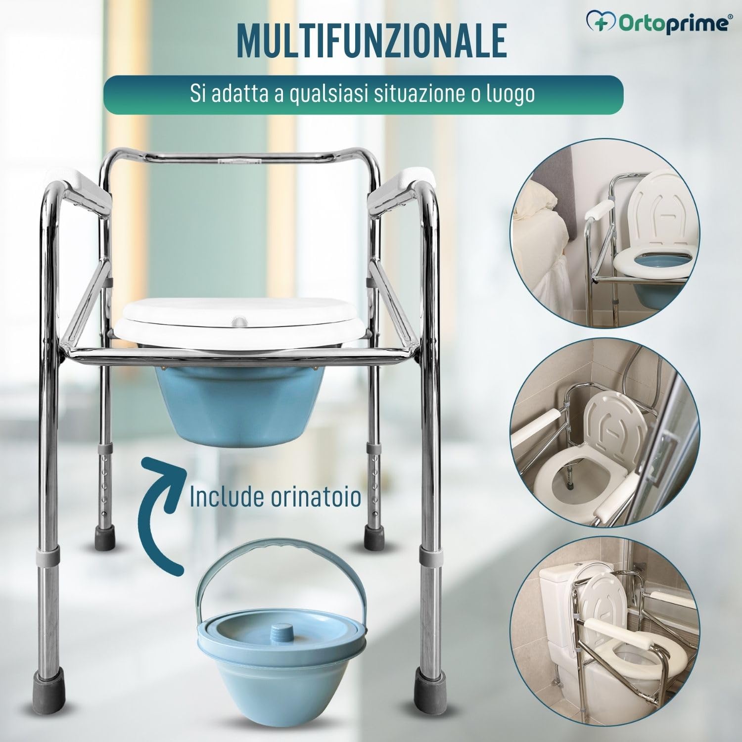 OrtoPrime Sedia WC per Anziani - Sedia Comoda con WC Multifunzionale, Pieghevole, Ideale per Disabili - Sedia Orinale Portatile con Bidet Acoplable - Sedia da Doccia e Bagno per Anziani.