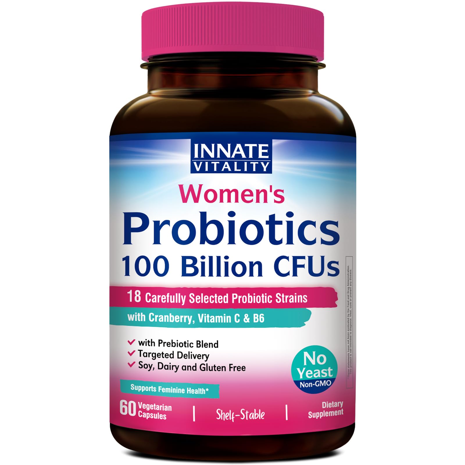 Innate Vitality Probiotics for Women, 100 Billion CFUs 18 Strains, Prebiotics and Probiotics, with Cranberry, Vitamin C & B6 P5P, Vaginal & Digestive Health, Non refrigerated, 60 Caps