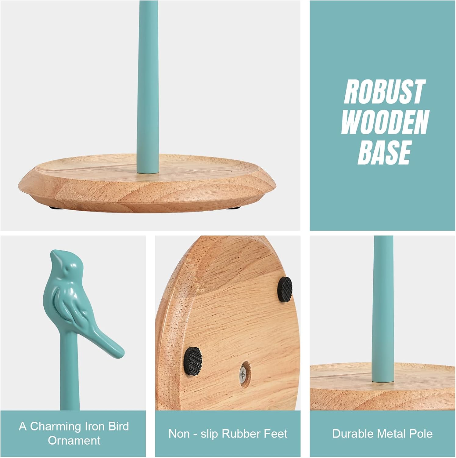 Wooden Paper Towel Holder countertop, Stylish Bird Shaped,Solid Wood Base&Iron Top, with Non-Slip Mat, Stable&Durable,Paper Towel Holder Farmhouse Style to Elevate Your Kitchen's Décor (Blue)