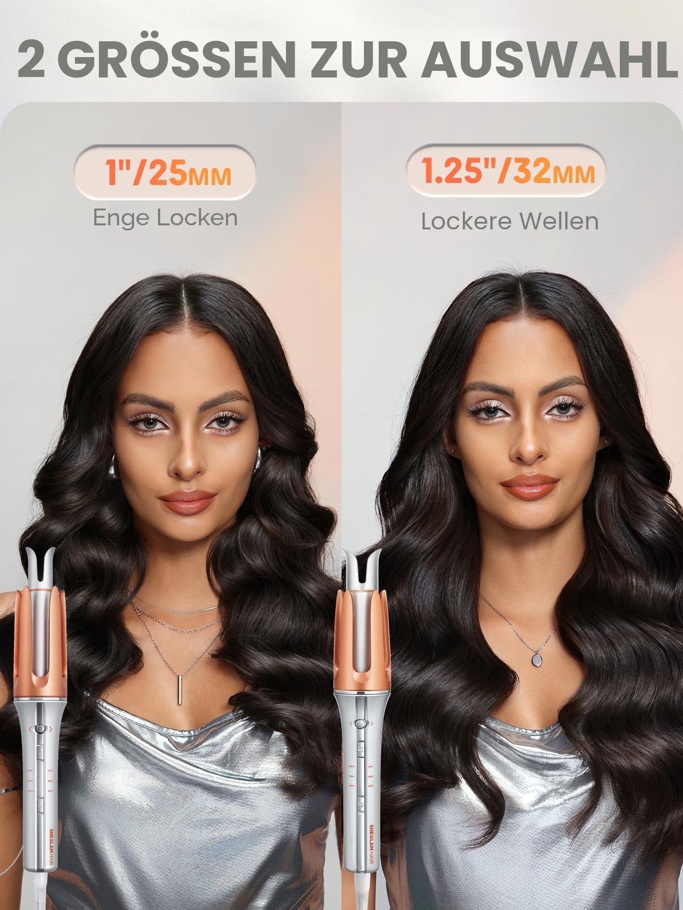 SHEGLAM Automatische Lockenstab 25mm mit Keramikbeschichtung, 3 Temperaturstufen (170-210°C), Schnellaufheizend – Selbstrotierender Lockenwickler für Locken